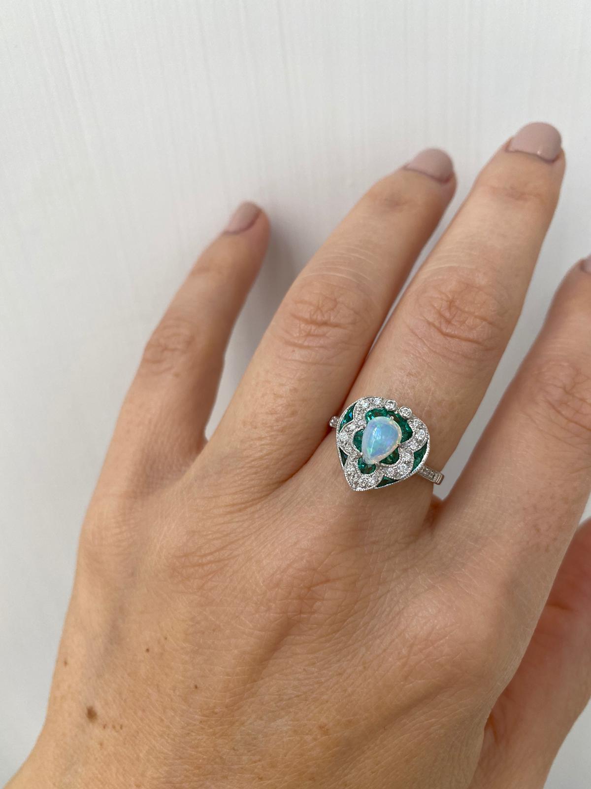 Art Deco Style Opal Diamond Emerald Cocktail Ring Estate Fine Jewelry 10