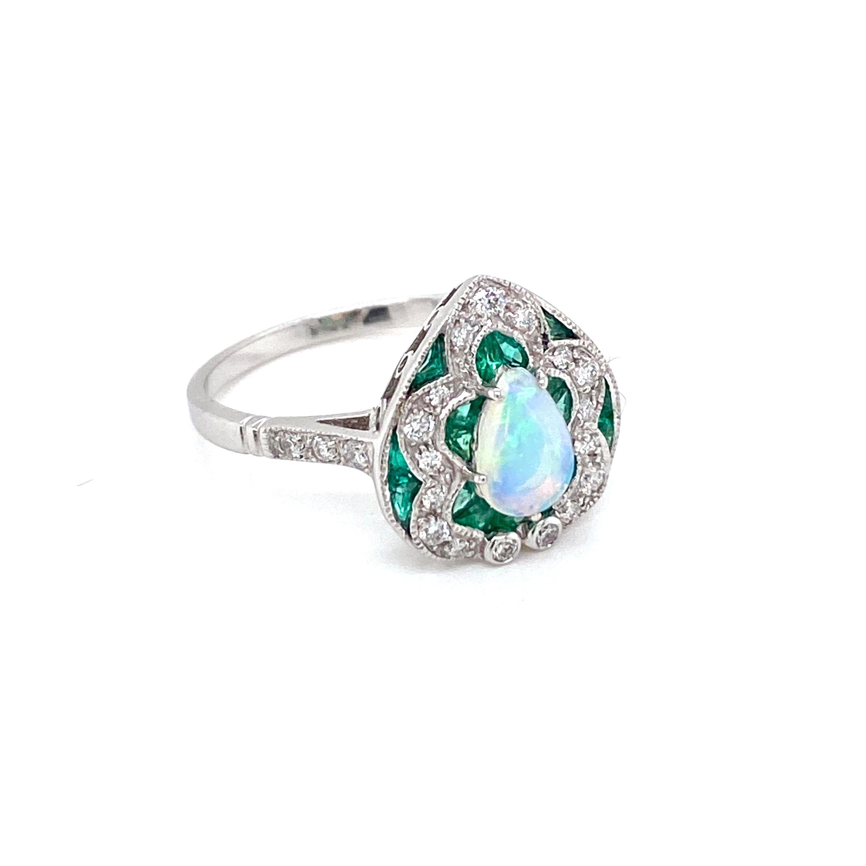 Mixed Cut Art Deco Style Opal Diamond Emerald Cocktail Ring Estate Fine Jewelry