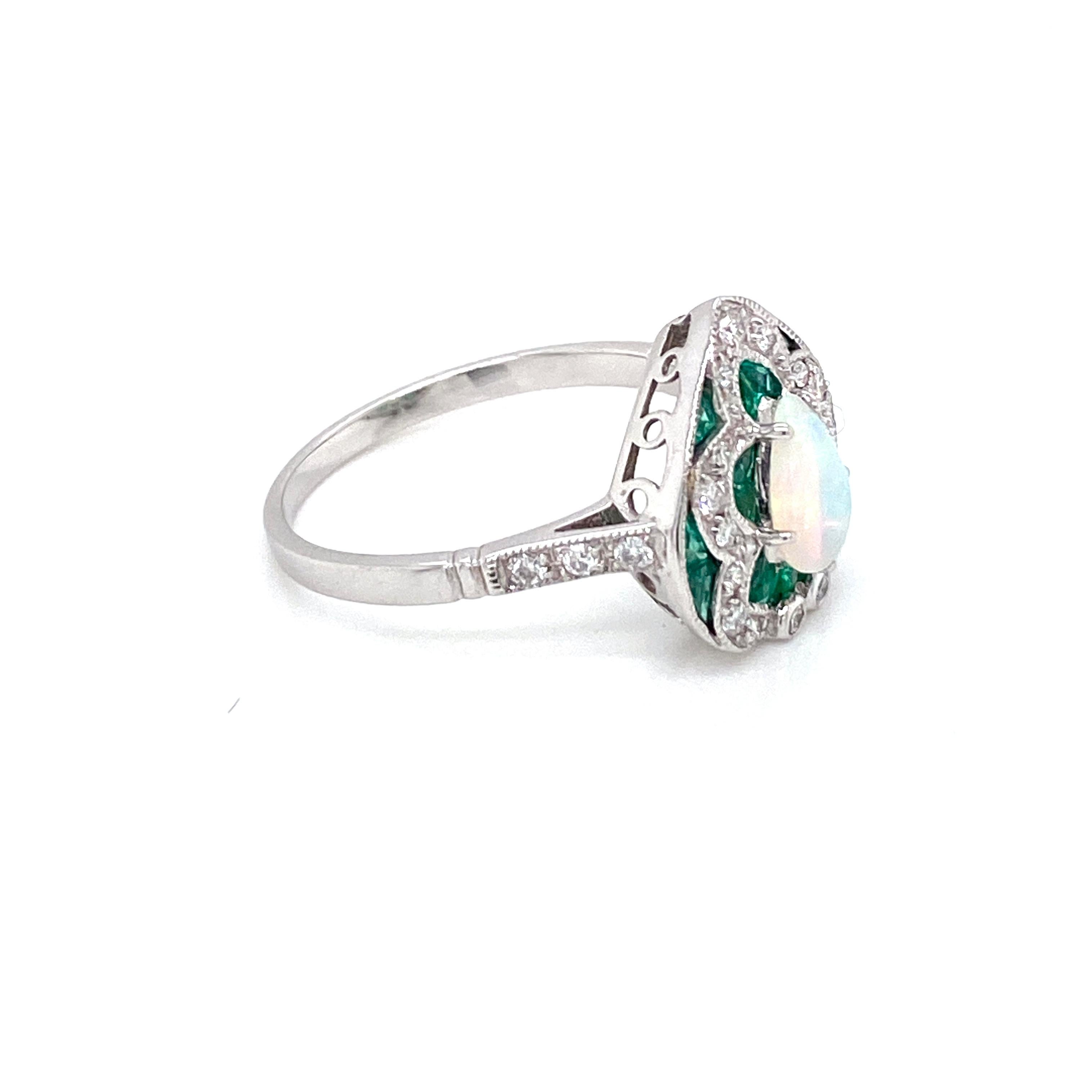 Women's or Men's Art Deco Style Opal Diamond Emerald Cocktail Ring Estate Fine Jewelry