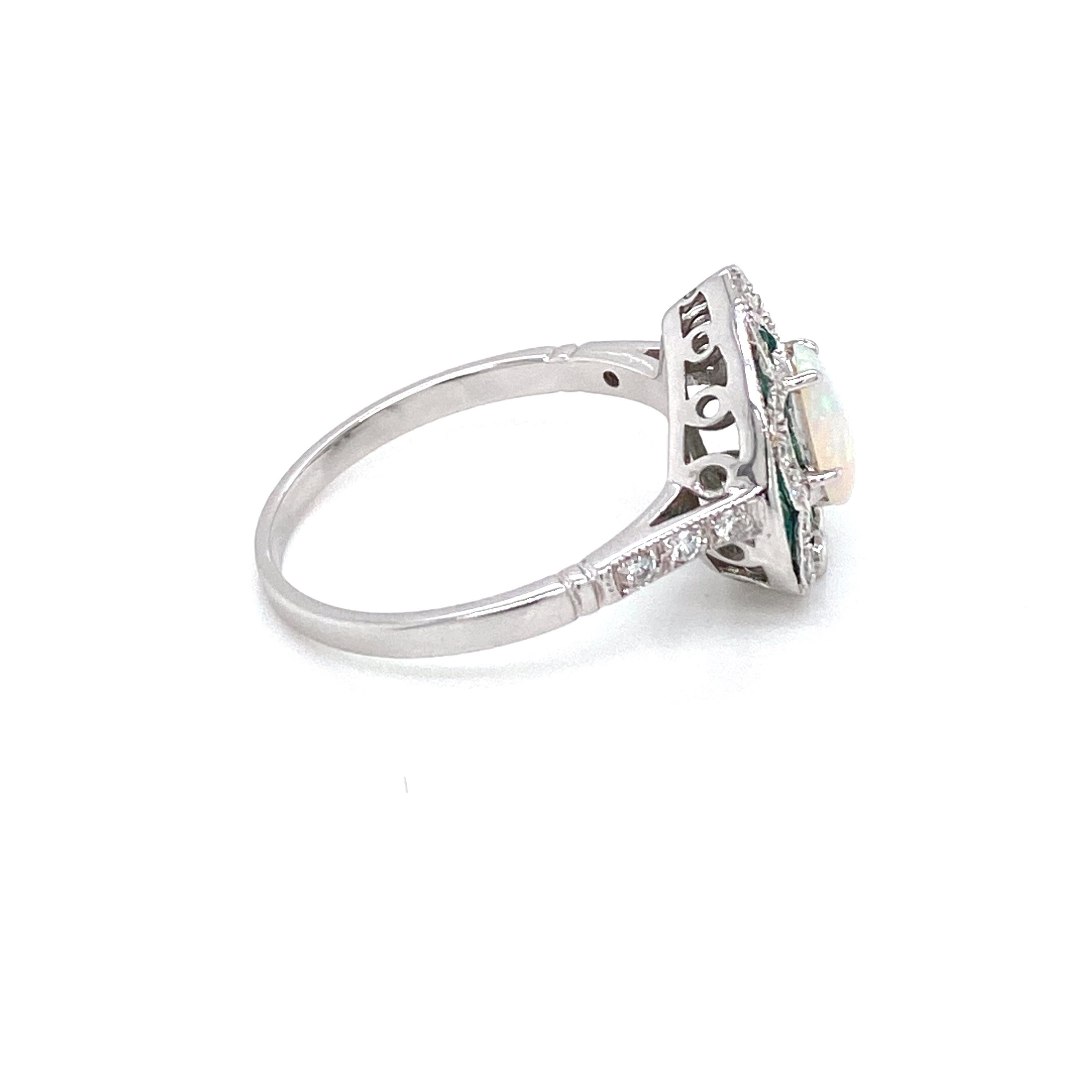 Art Deco Style Opal Diamond Emerald Cocktail Ring Estate Fine Jewelry 1