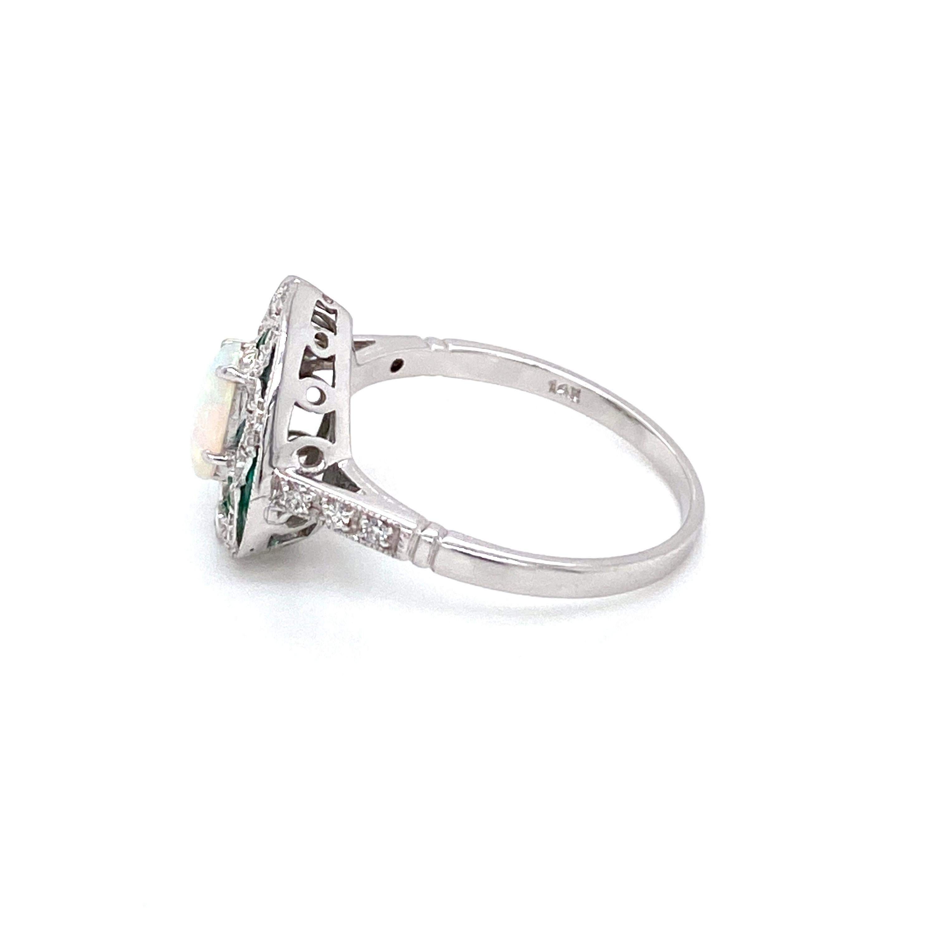 Art Deco Style Opal Diamond Emerald Cocktail Ring Estate Fine Jewelry 4