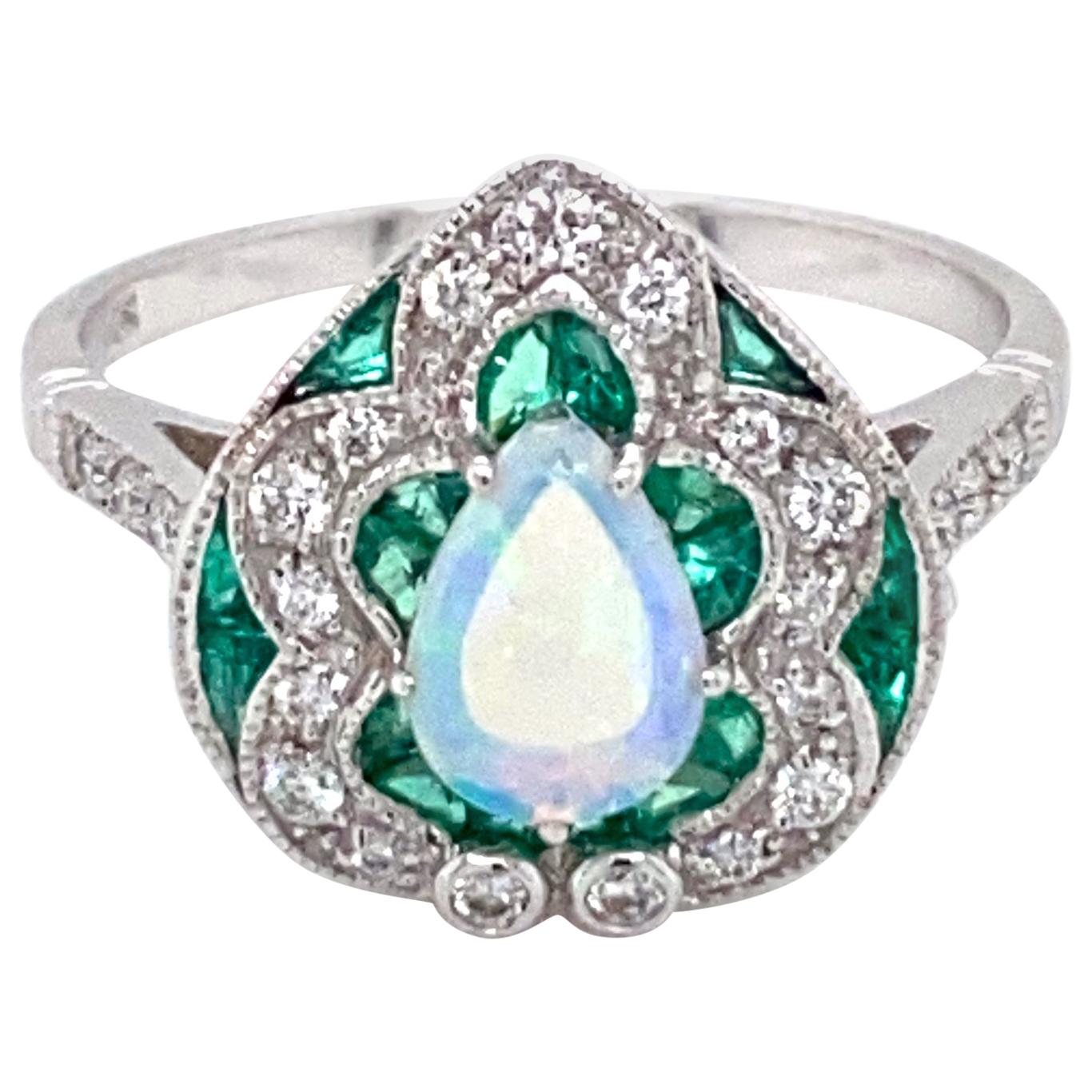 Art Deco Style Opal Diamond Emerald Cocktail Ring Estate Fine Jewelry
