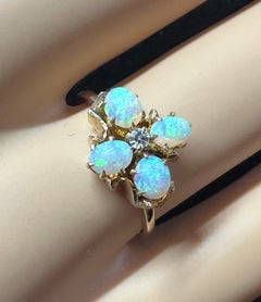 Art Deco Opal Diamond Flower Ring 14K Gold Antique Wedding Engagement Ring