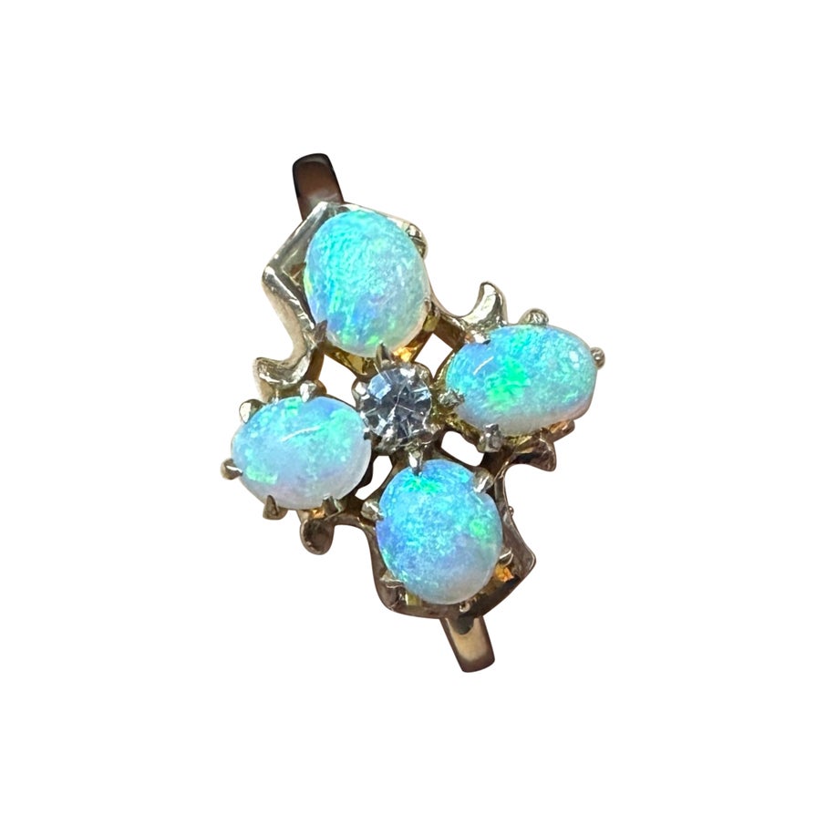 Art Deco Anillo Flor Opalo Diamante Oro 14K Anillo de Compromiso Boda Antigua en venta
