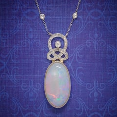 Art Deco Opal Diamond Pendant Necklace 18ct Gold Platinum 15ct Opal circa 1930