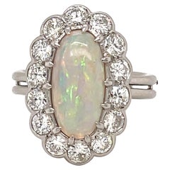 Art Deco Opal Diamond Platinum Cluster Ring