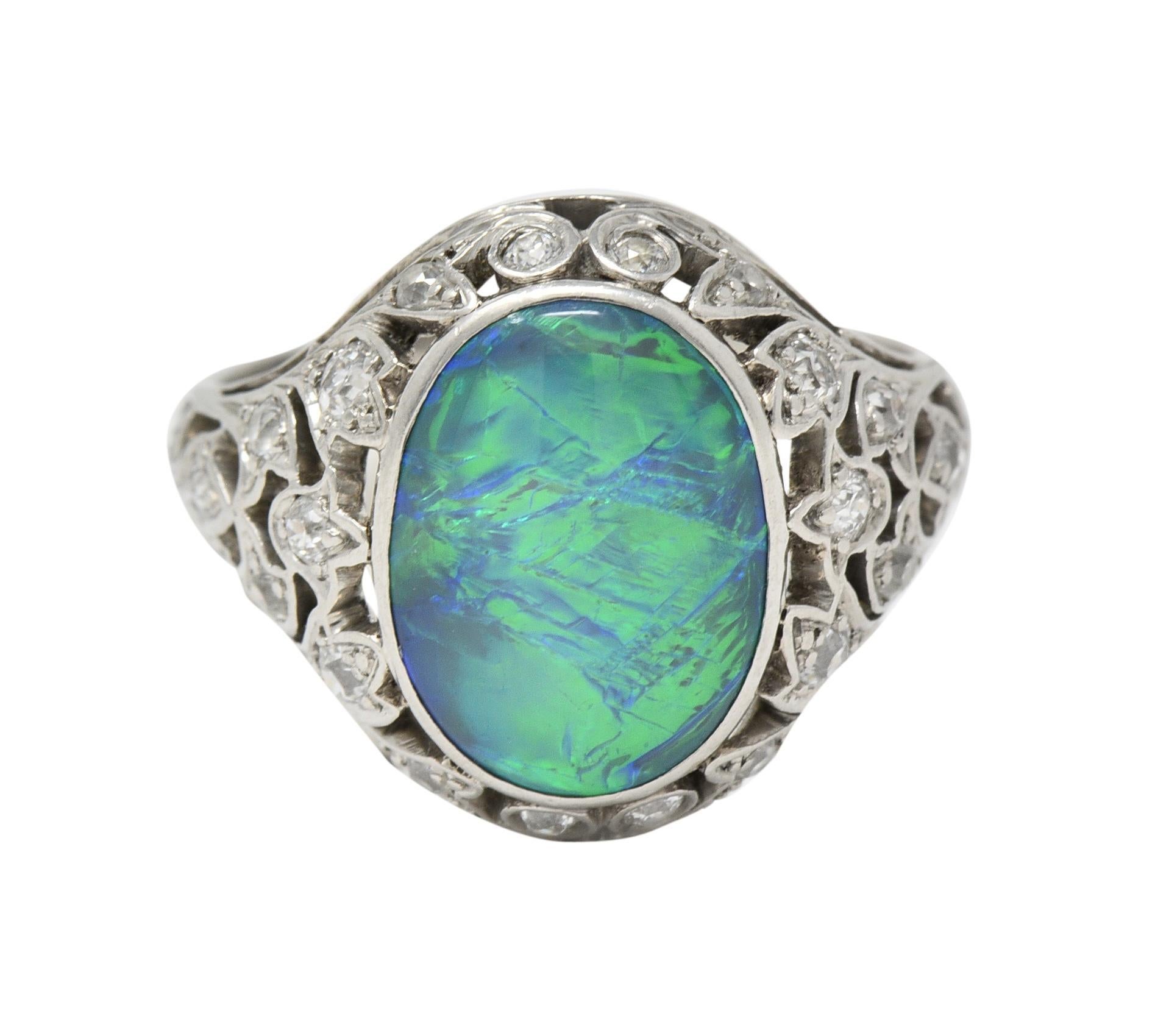 Art Deco Opal Diamond Platinum Ivy Bombé Vintage Gemstone Ring For Sale 6
