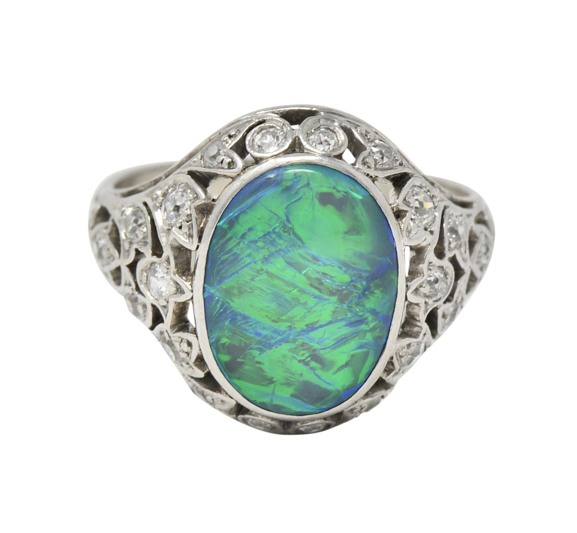 Art Deco Opal Diamond Platinum Ivy Bombé Vintage Gemstone Ring For Sale 7
