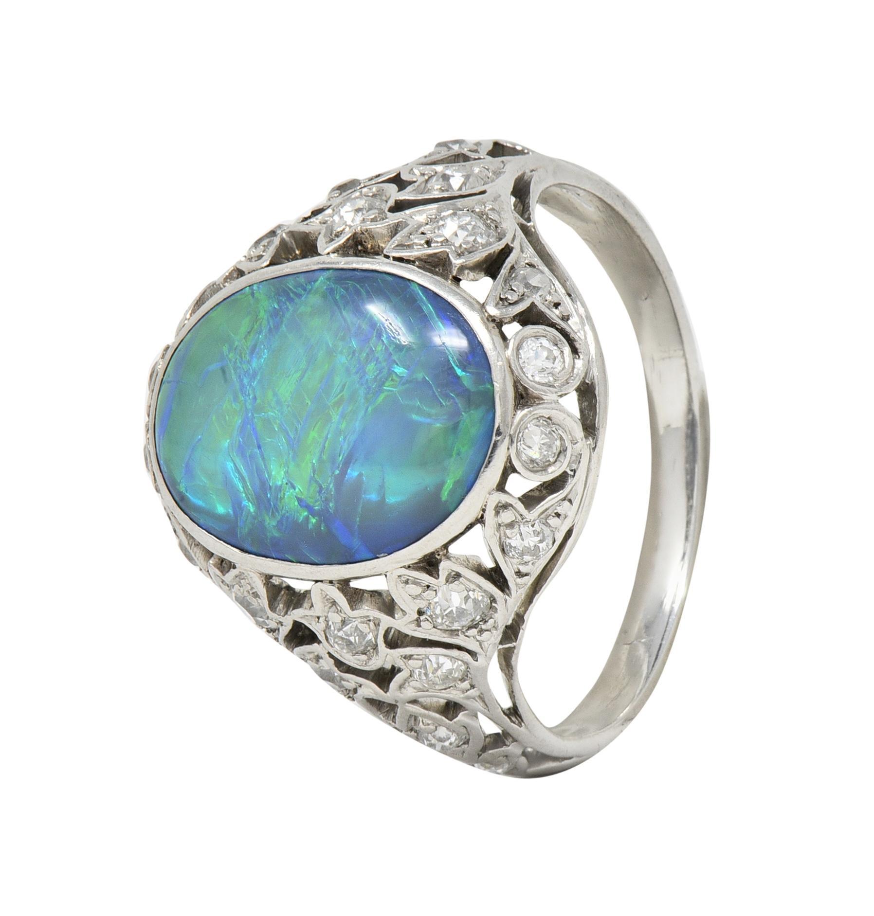 Art Deco Opal Diamond Platinum Ivy Bombé Vintage Gemstone Ring For Sale 2