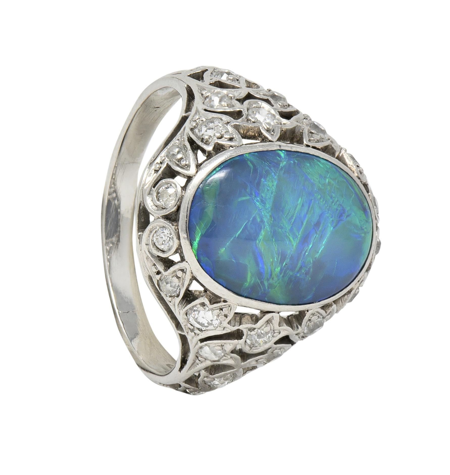 Art Deco Opal Diamond Platinum Ivy Bombé Vintage Gemstone Ring For Sale 8