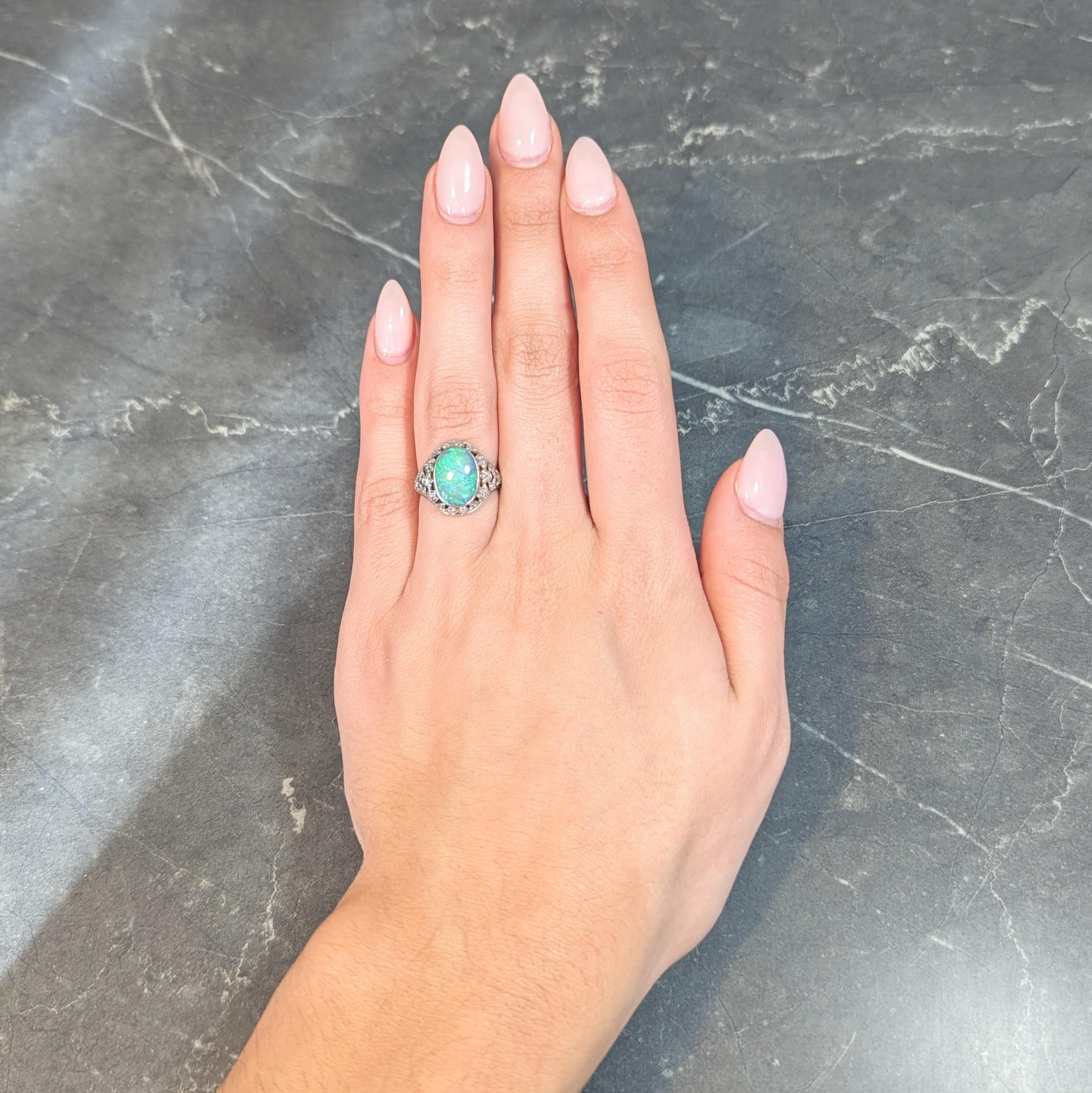 Art Deco Opal Diamond Platinum Ivy Bombé Vintage Gemstone Ring For Sale 9