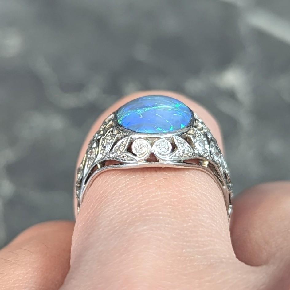 Art Deco Opal Diamond Platinum Ivy Bombé Vintage Gemstone Ring For Sale 10