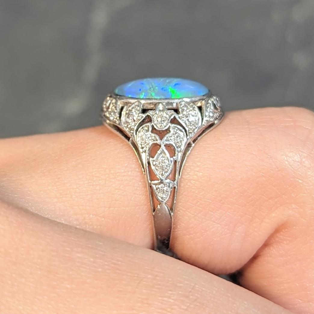 Art Deco Opal Diamond Platinum Ivy Bombé Vintage Gemstone Ring For Sale 11