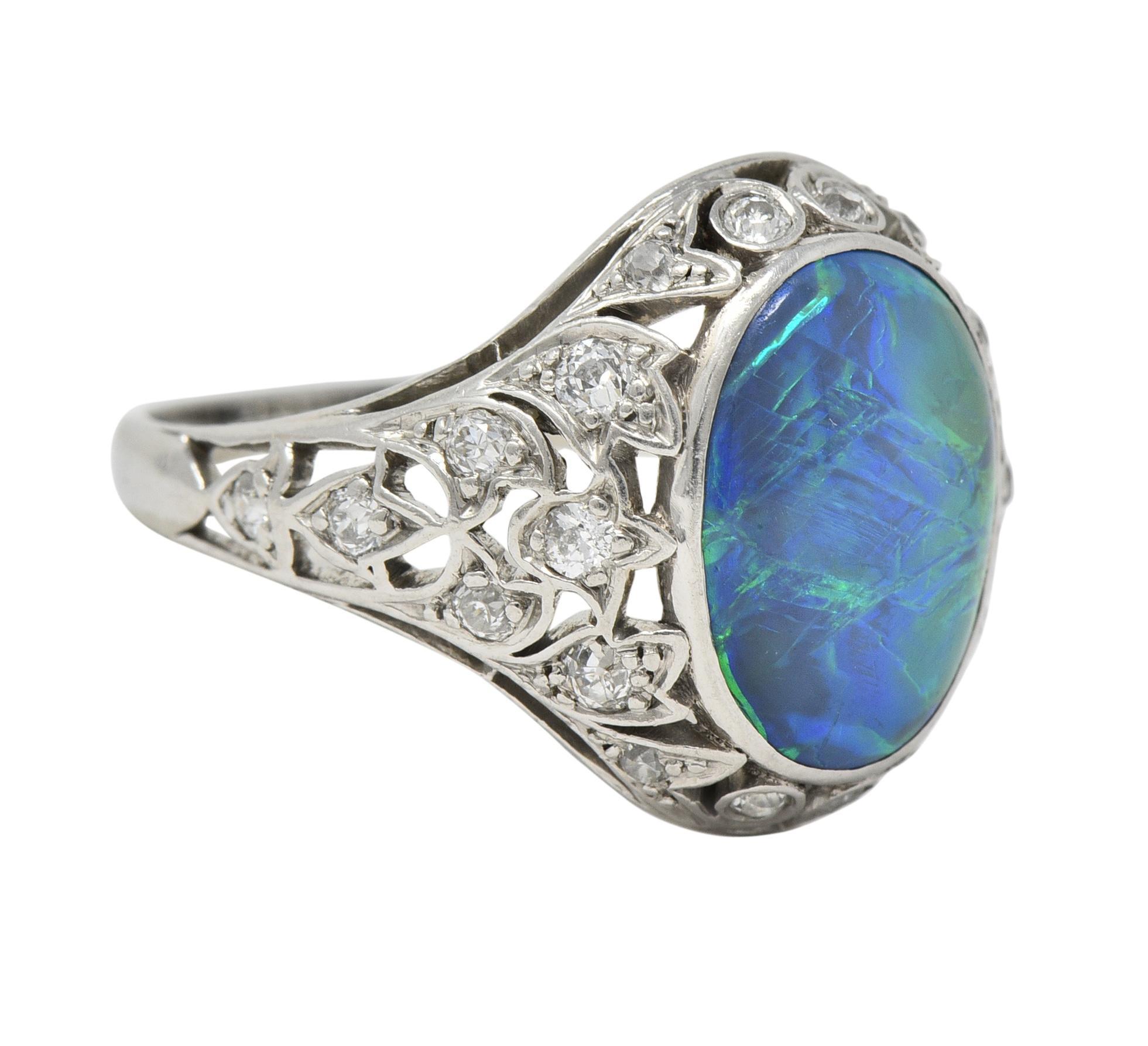 Single Cut Art Deco Opal Diamond Platinum Ivy Bombé Vintage Gemstone Ring For Sale
