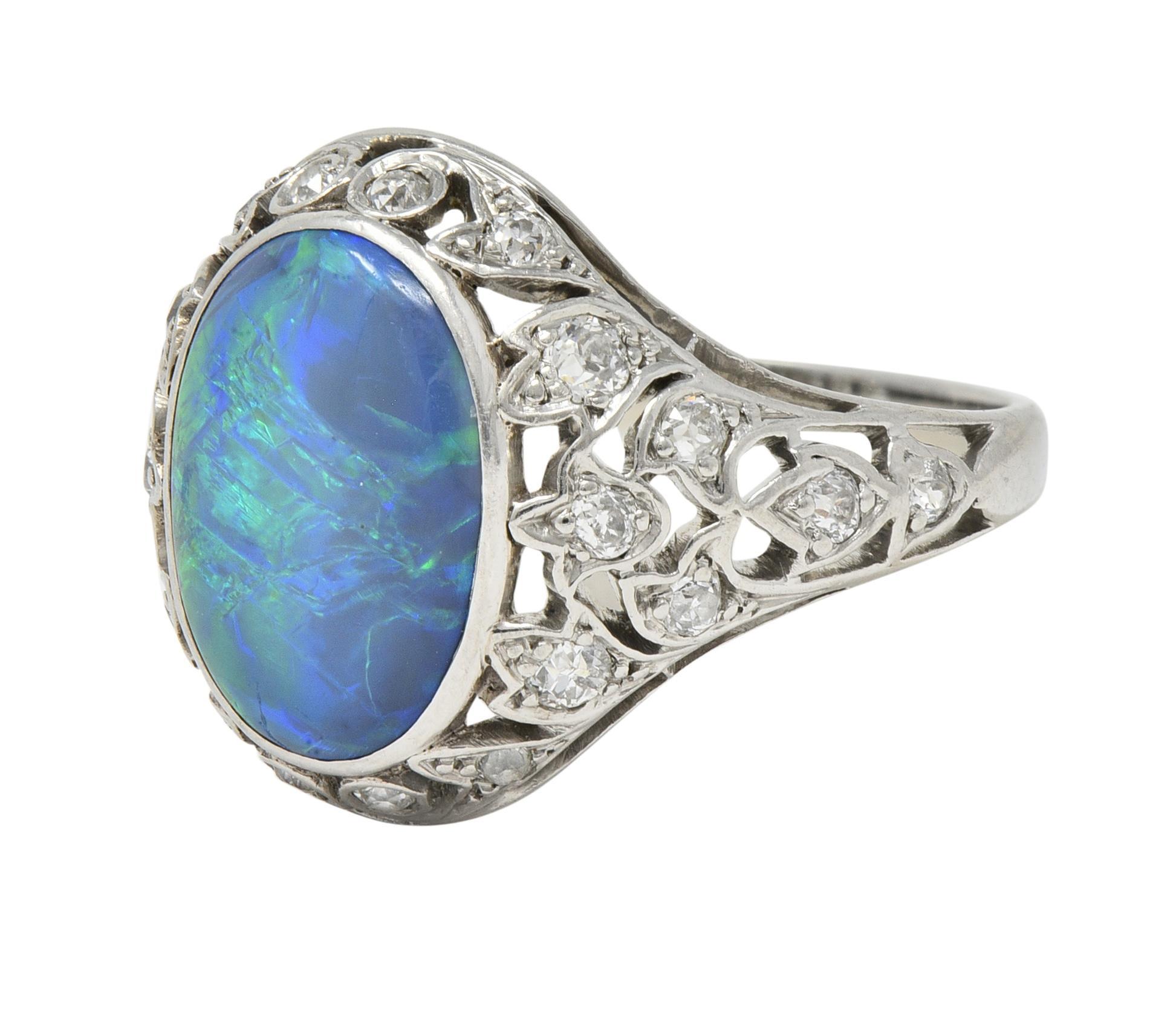 Art Deco Opal Diamond Platinum Ivy Bombé Vintage Gemstone Ring For Sale 1