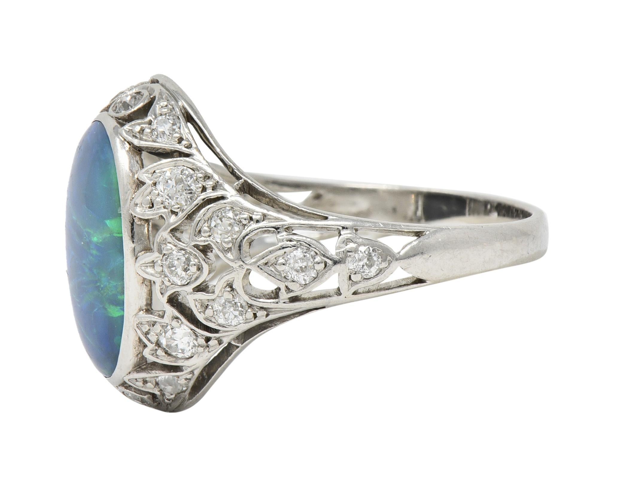 Women's or Men's Art Deco Opal Diamond Platinum Ivy Bombé Vintage Gemstone Ring For Sale