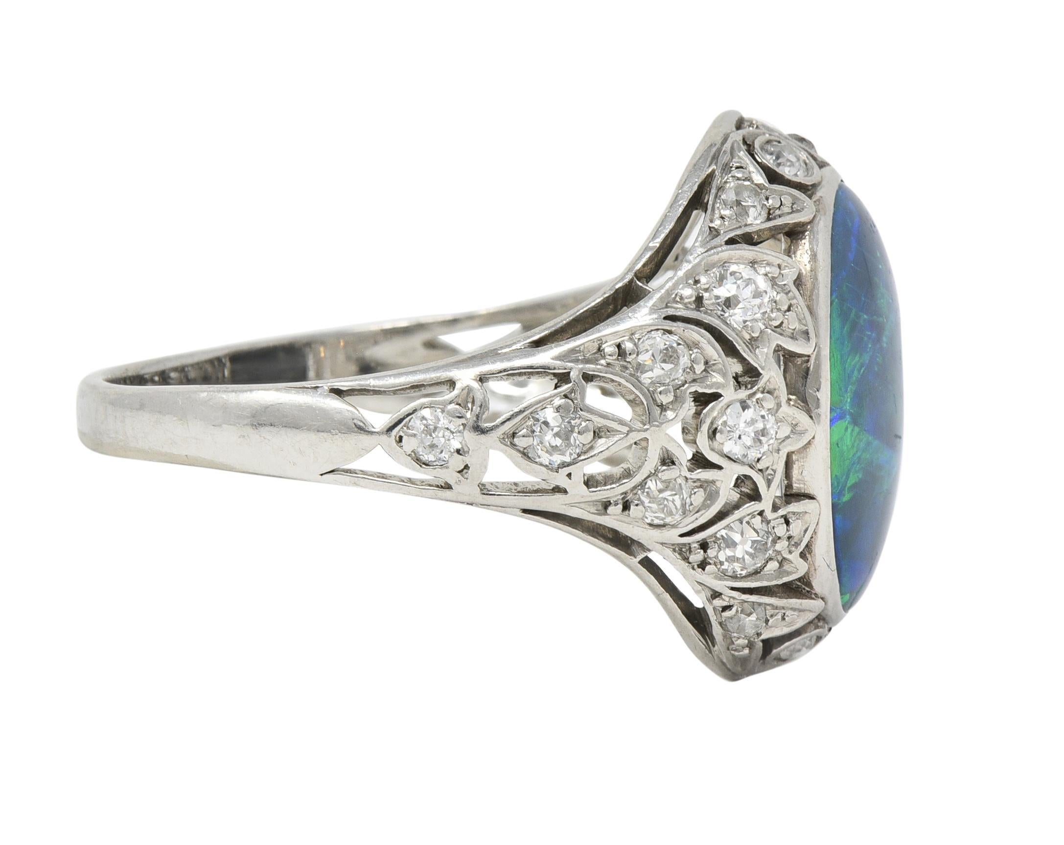 Art Deco Opal Diamond Platinum Ivy Bombé Vintage Gemstone Ring In Excellent Condition For Sale In Philadelphia, PA