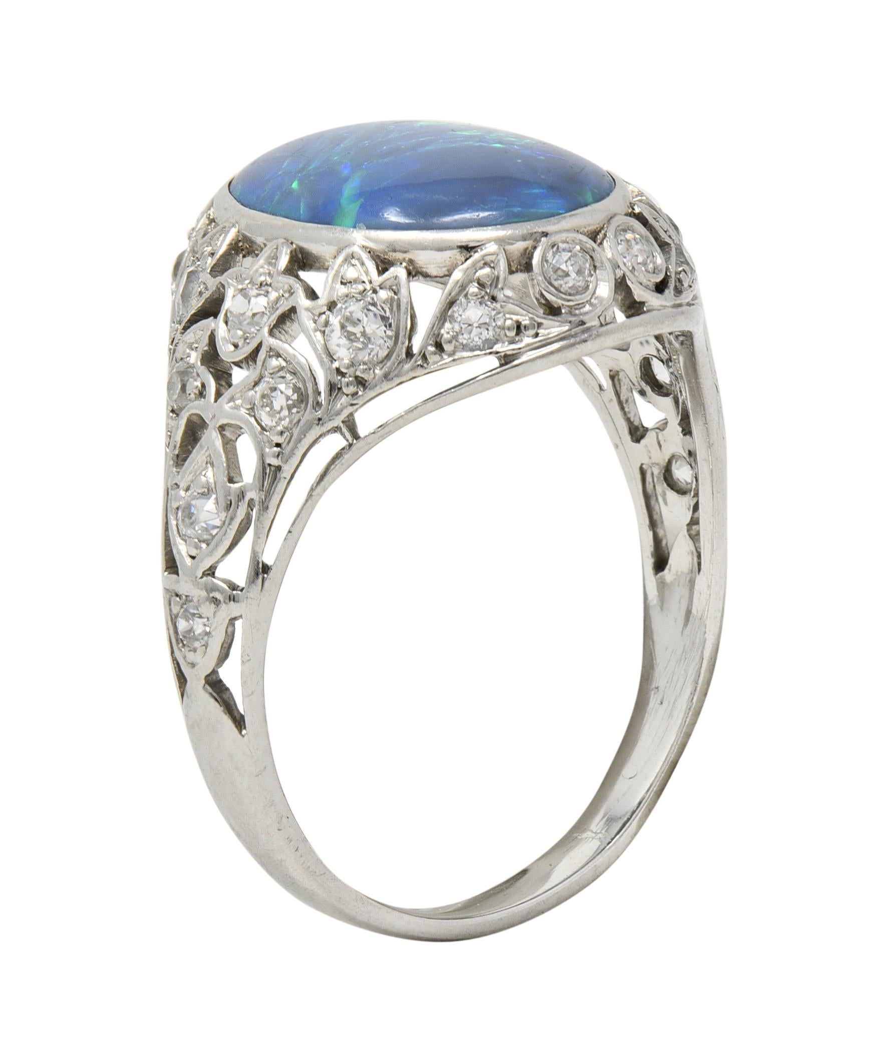 Art Deco Opal Diamond Platinum Ivy Bombé Vintage Gemstone Ring For Sale 4