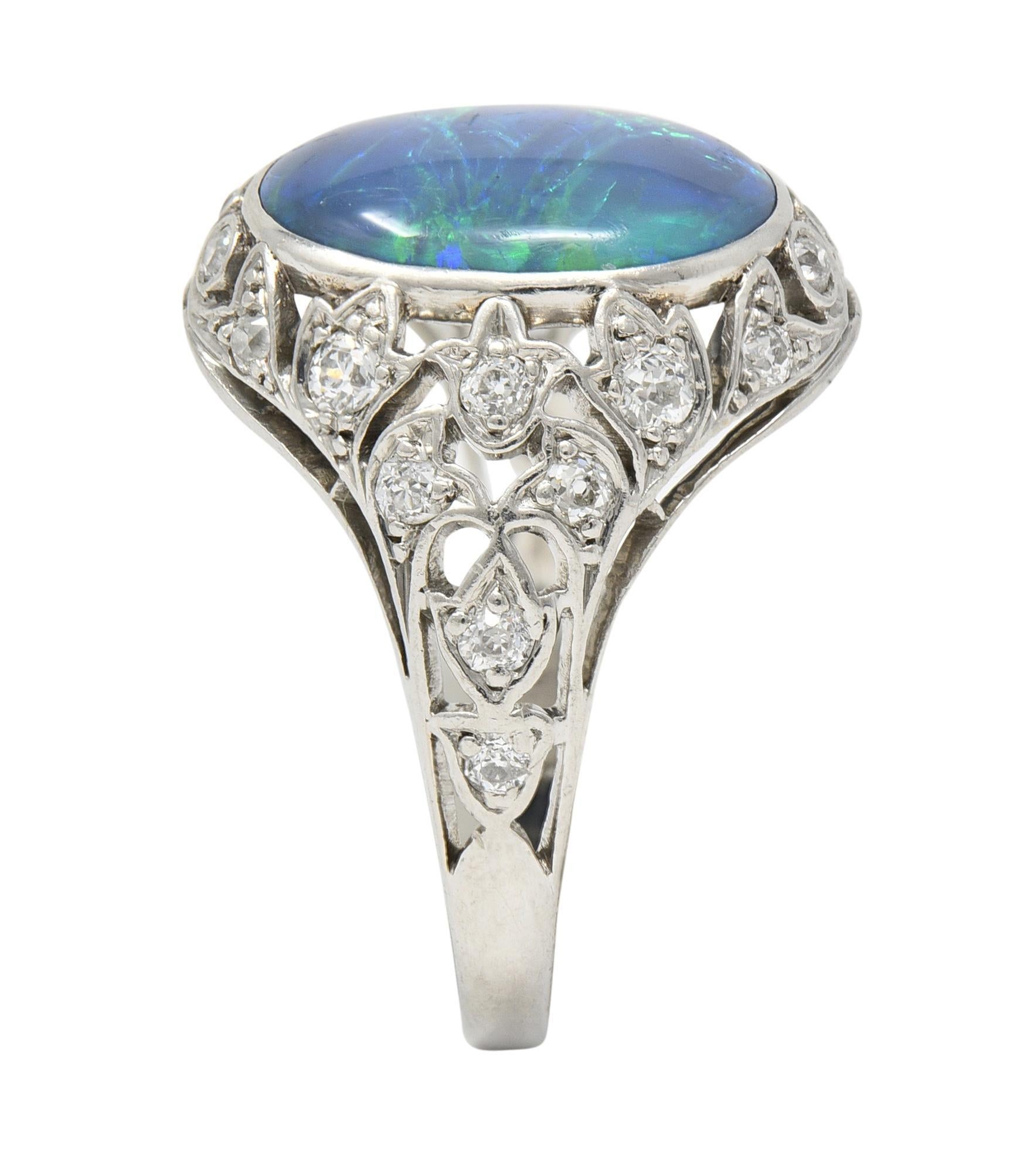 Art Deco Opal Diamond Platinum Ivy Bombé Vintage Gemstone Ring For Sale 5