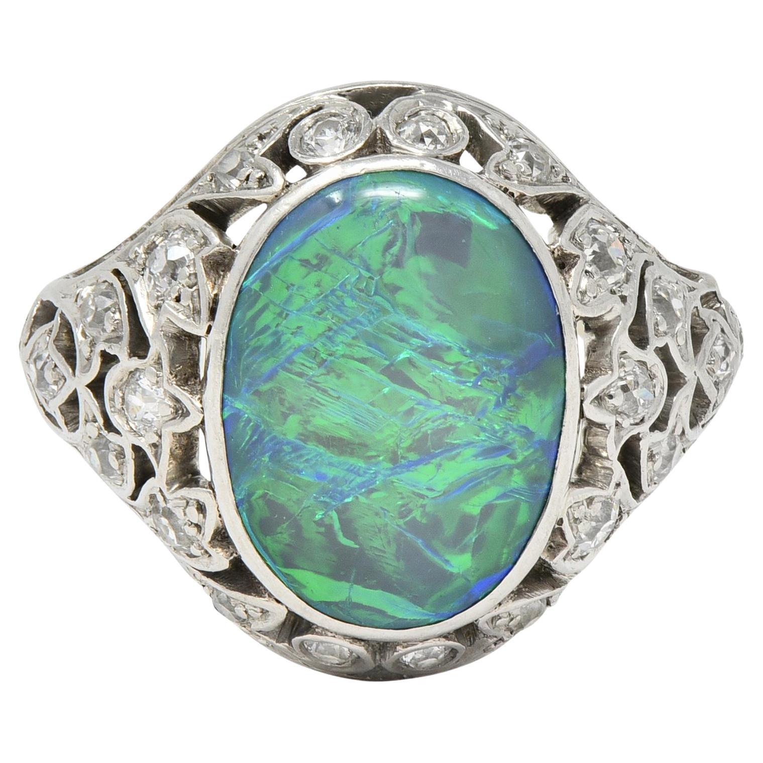 Art Deco Opal Diamond Platinum Ivy Bombé Vintage Gemstone Ring For Sale