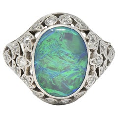 Art Deco Opale Diamant Platine Ivy Bombé Vintage Gemstone Ring