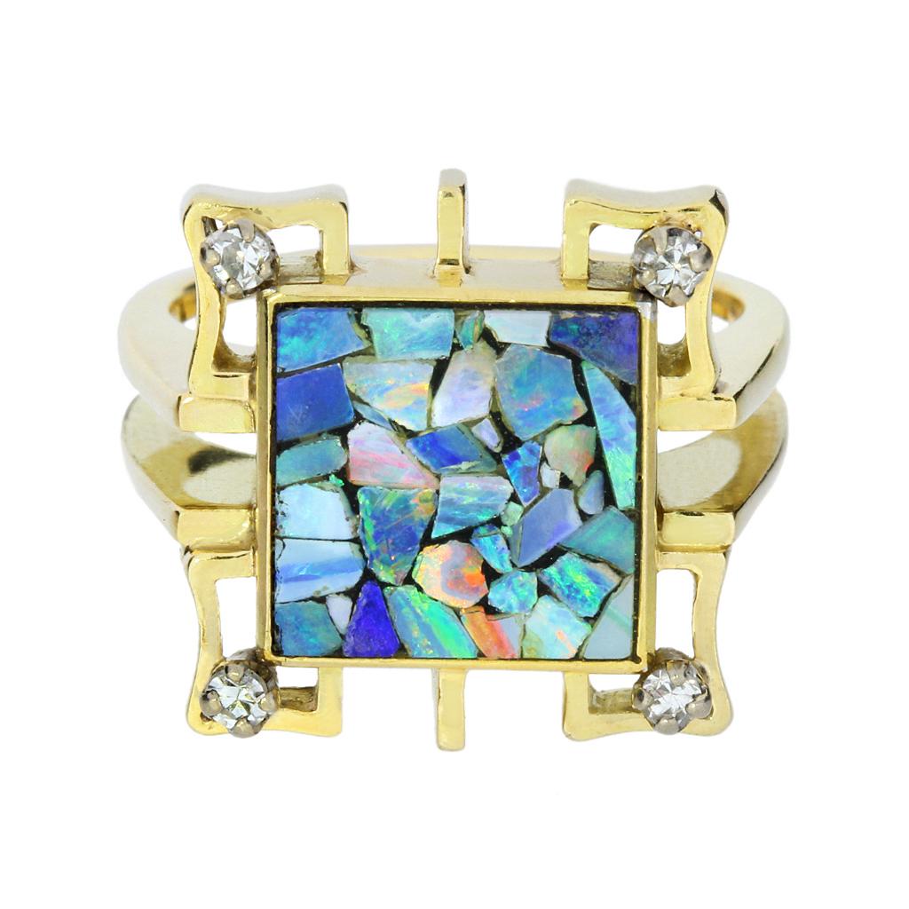 Art Deco Opal Mosaik & Diamant 14K Ring (Art déco) im Angebot