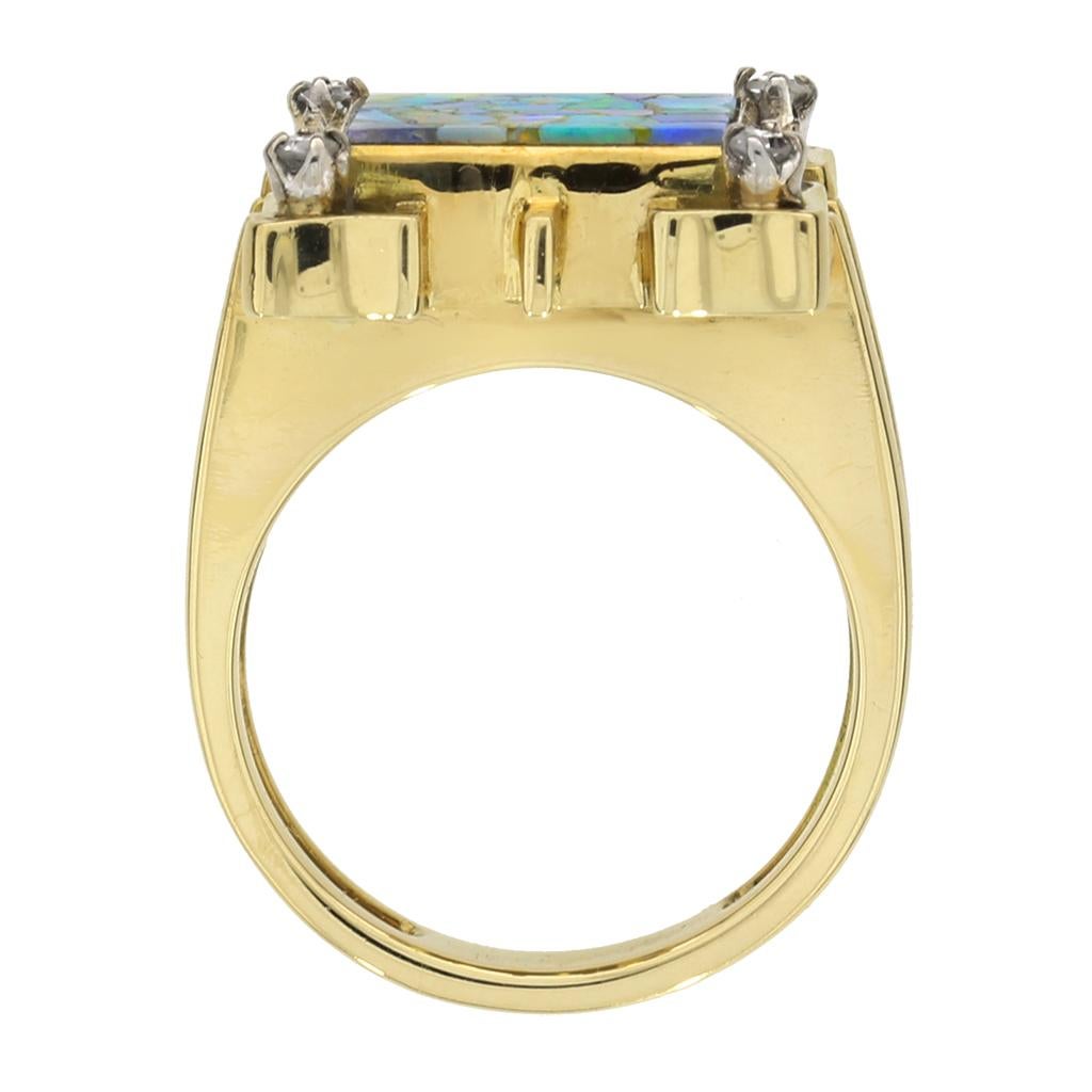 Art Deco Opal Mosaik & Diamant 14K Ring (Rundschliff) im Angebot