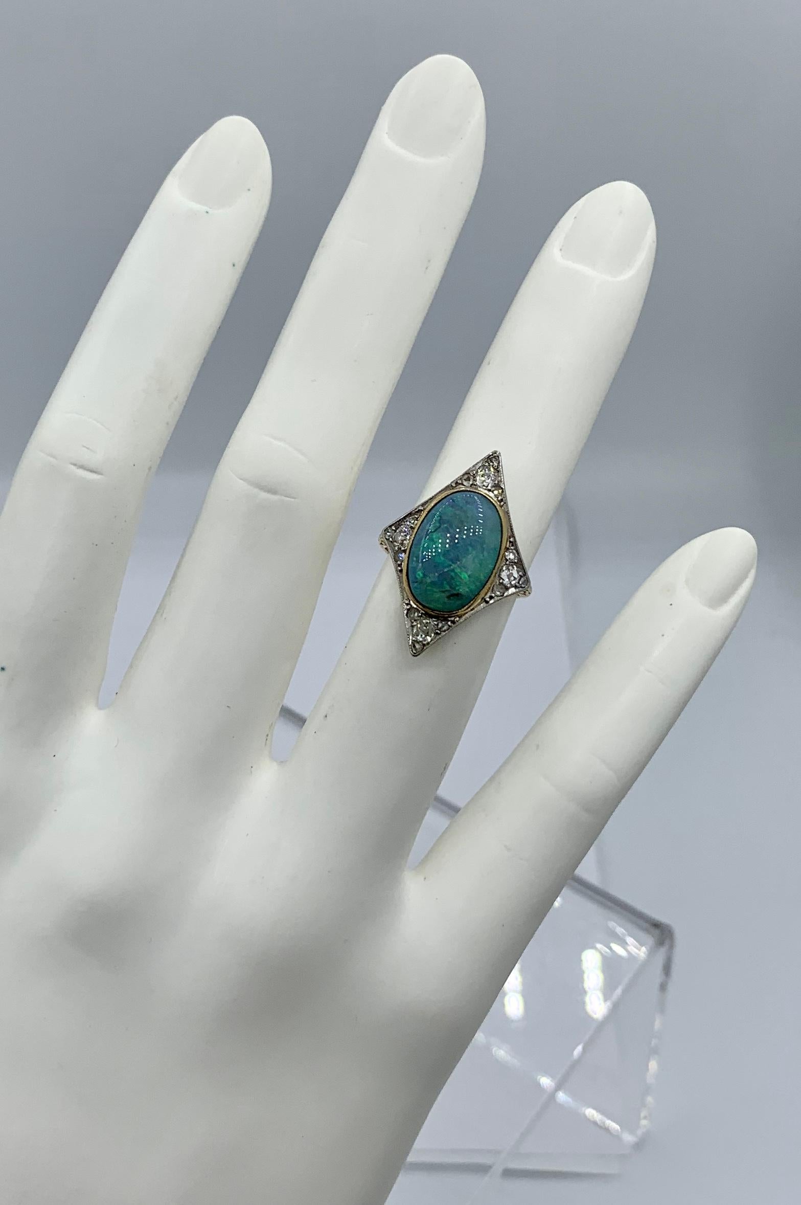 Art Deco Opal Old Mine Cut Diamond Ring Platinum Antique Wedding Engagement Ring 5