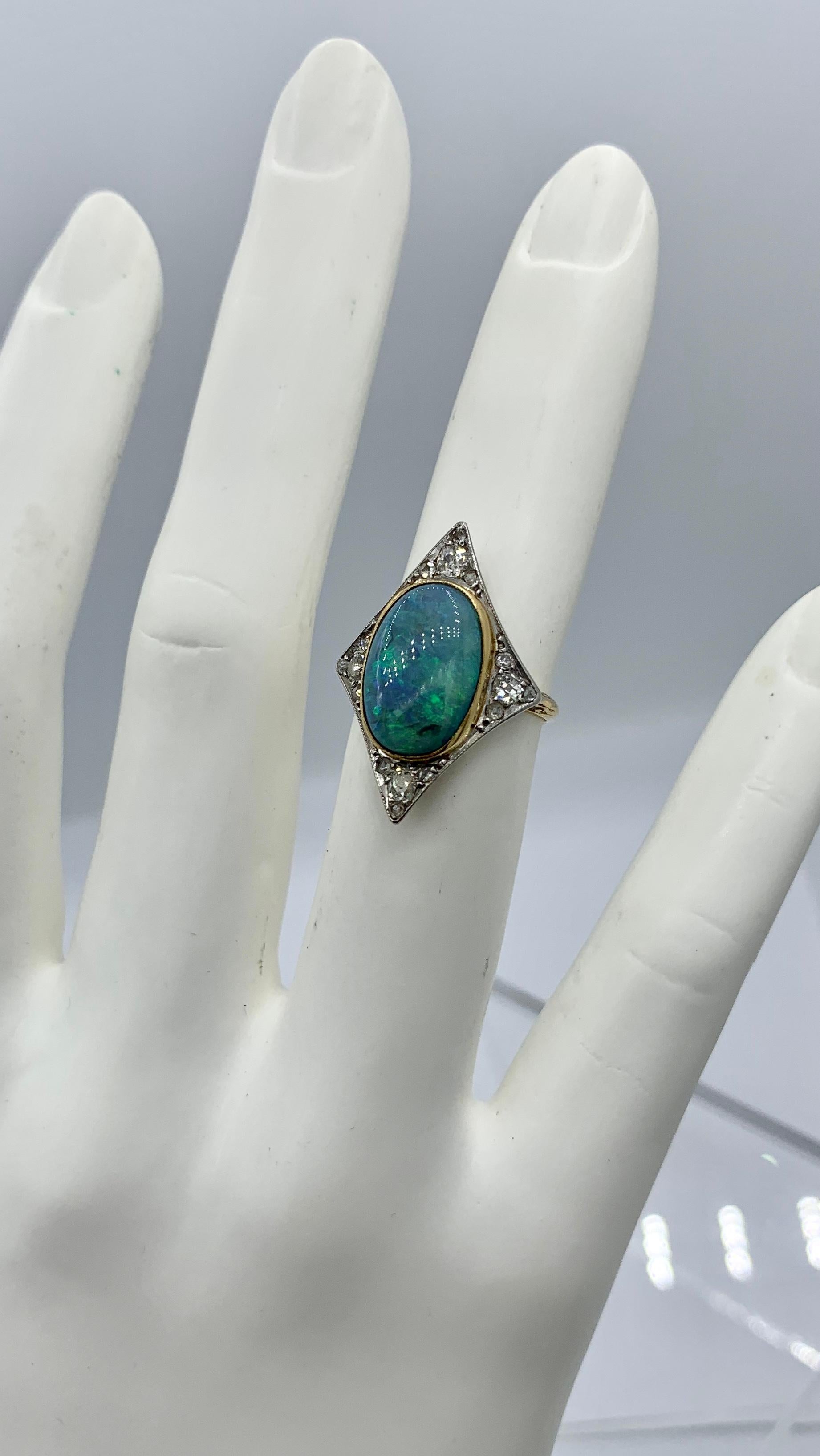 Art Deco Opal Old Mine Cut Diamond Ring Platinum Antique Wedding Engagement Ring 7