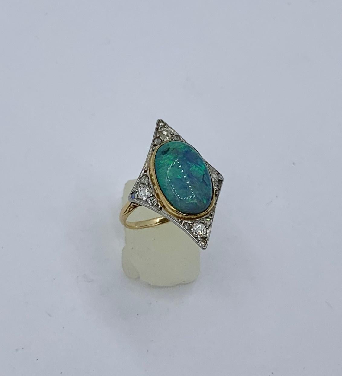Art Deco Opal Old Mine Cut Diamond Ring Platinum Antique Wedding Engagement Ring 8