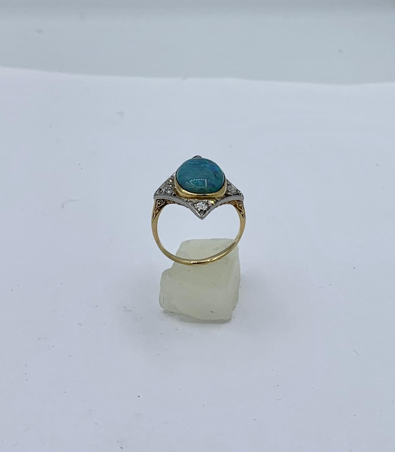 Art Deco Opal Old Mine Cut Diamond Ring Platinum Antique Wedding Engagement Ring 10