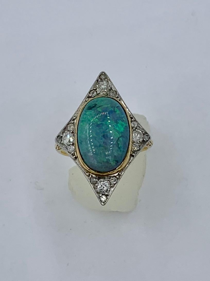 Oval Cut Art Deco Opal Old Mine Cut Diamond Ring Platinum Antique Wedding Engagement Ring