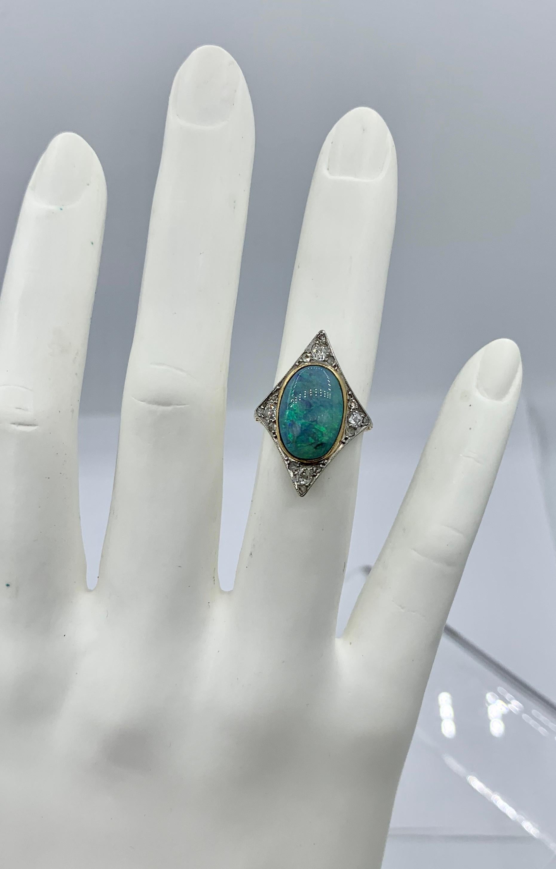Art Deco Opal Old Mine Cut Diamond Ring Platinum Antique Wedding Engagement Ring In Good Condition In New York, NY
