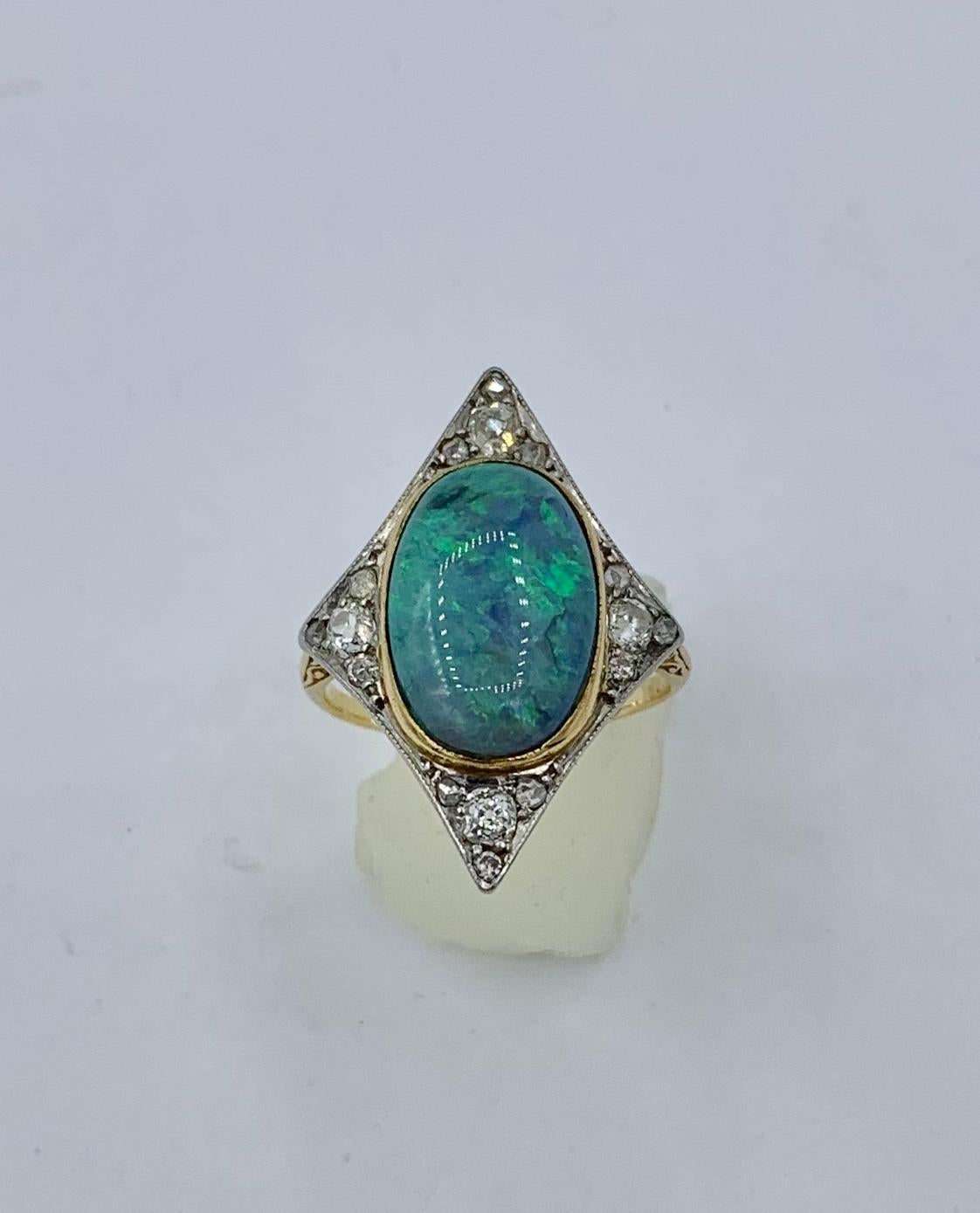 Women's Art Deco Opal Old Mine Cut Diamond Ring Platinum Antique Wedding Engagement Ring