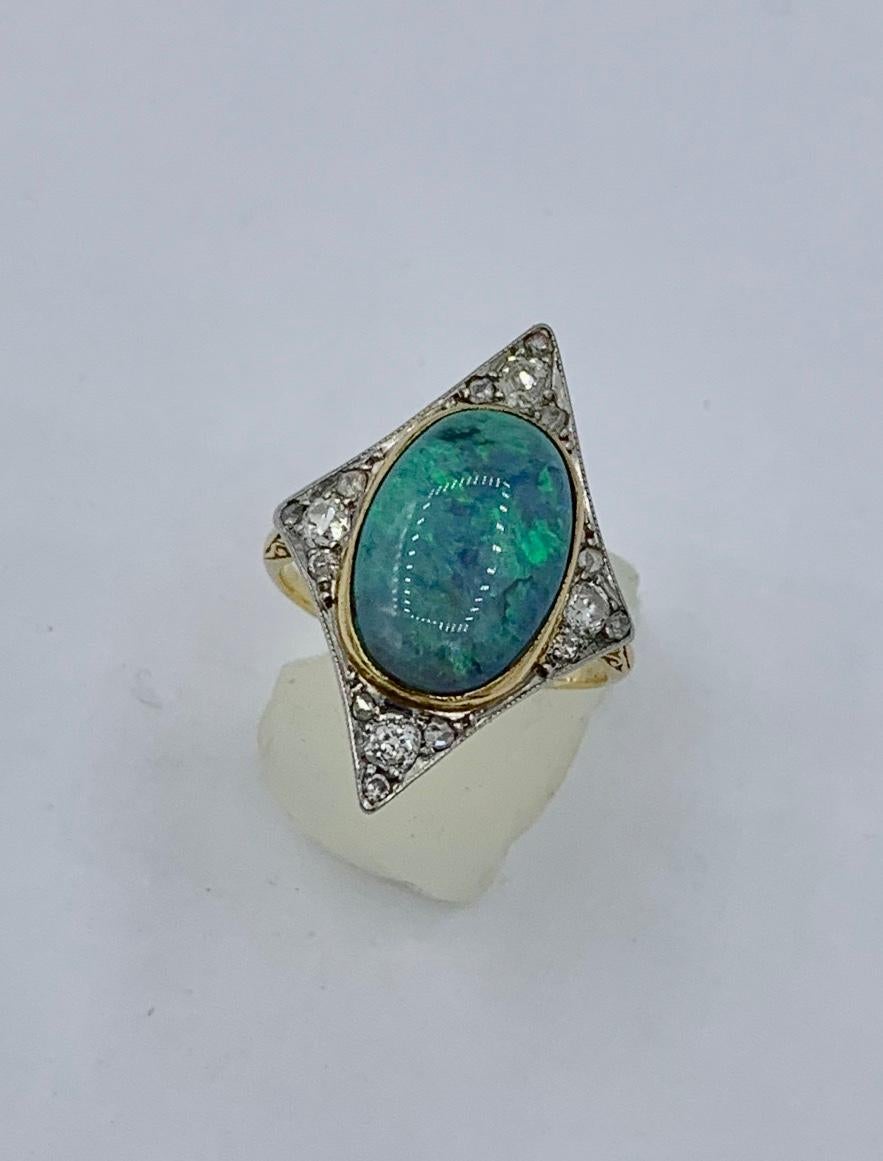 Art Deco Opal Old Mine Cut Diamond Ring Platinum Antique Wedding Engagement Ring 1