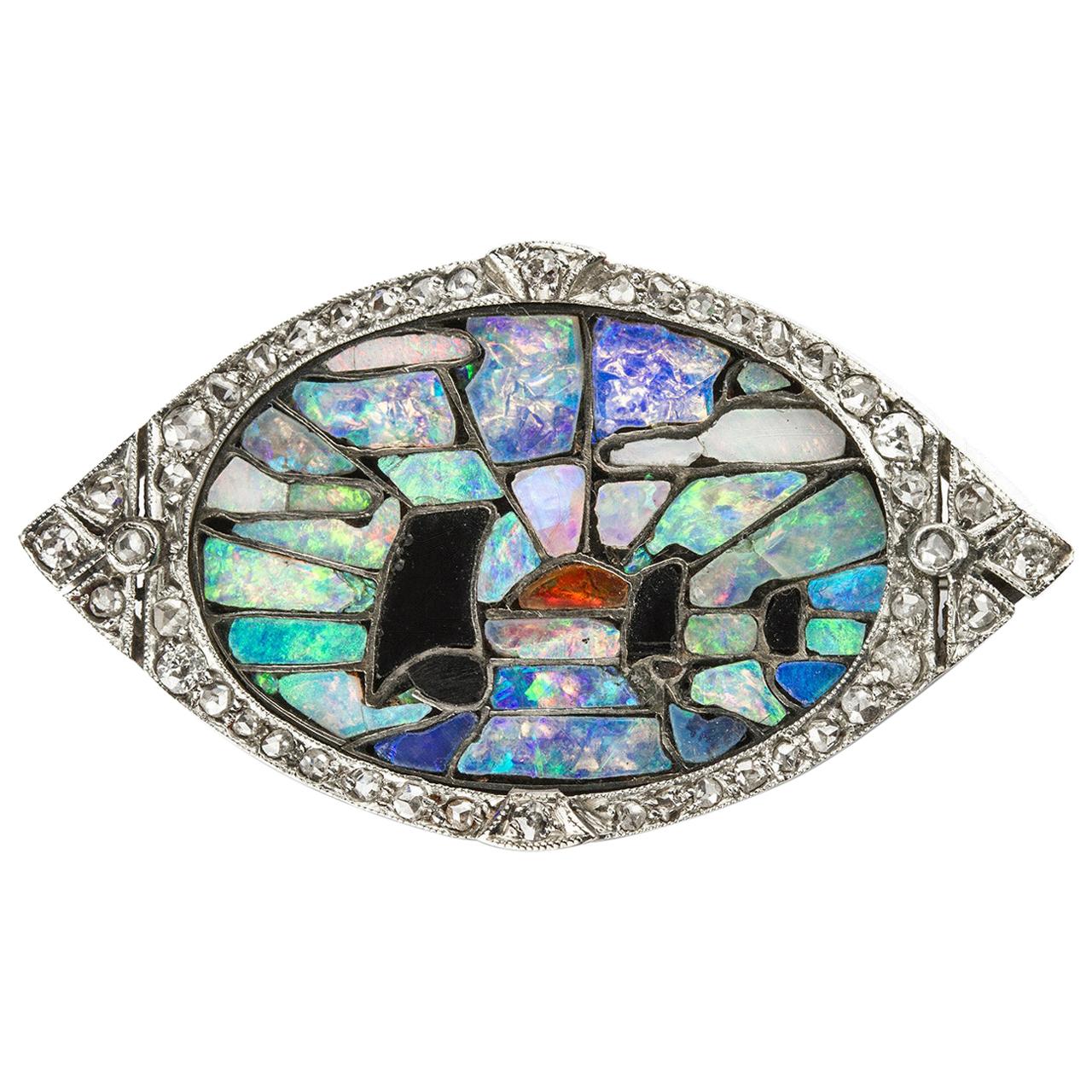 Art Deco Opal, Onyx and Diamond Mosaic Pendant For Sale