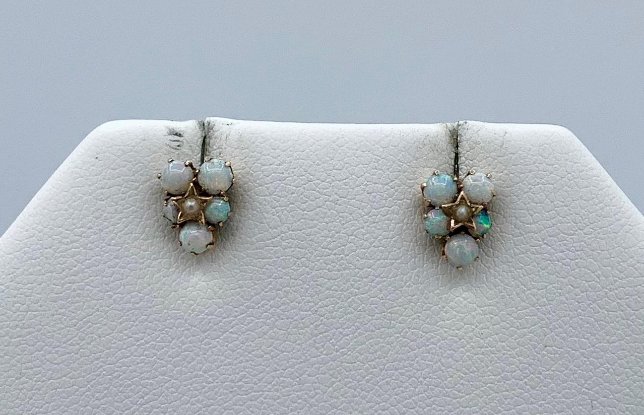Cabochon Art Deco Opal Pearl Earrings Star Motif 14 Karat Gold Antique For Sale