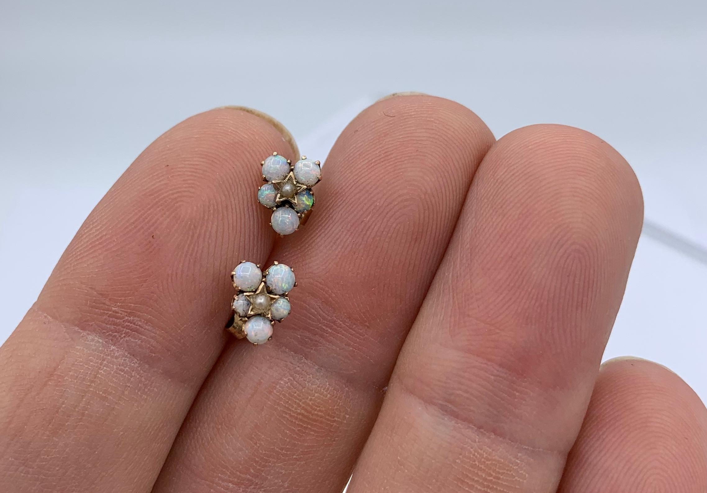 Art Deco Opal Pearl Earrings Star Motif 14 Karat Gold Antique In Good Condition For Sale In New York, NY