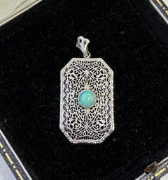 Art Deco Opal Pendant Lavalier Necklace Filigree White Gold Rare