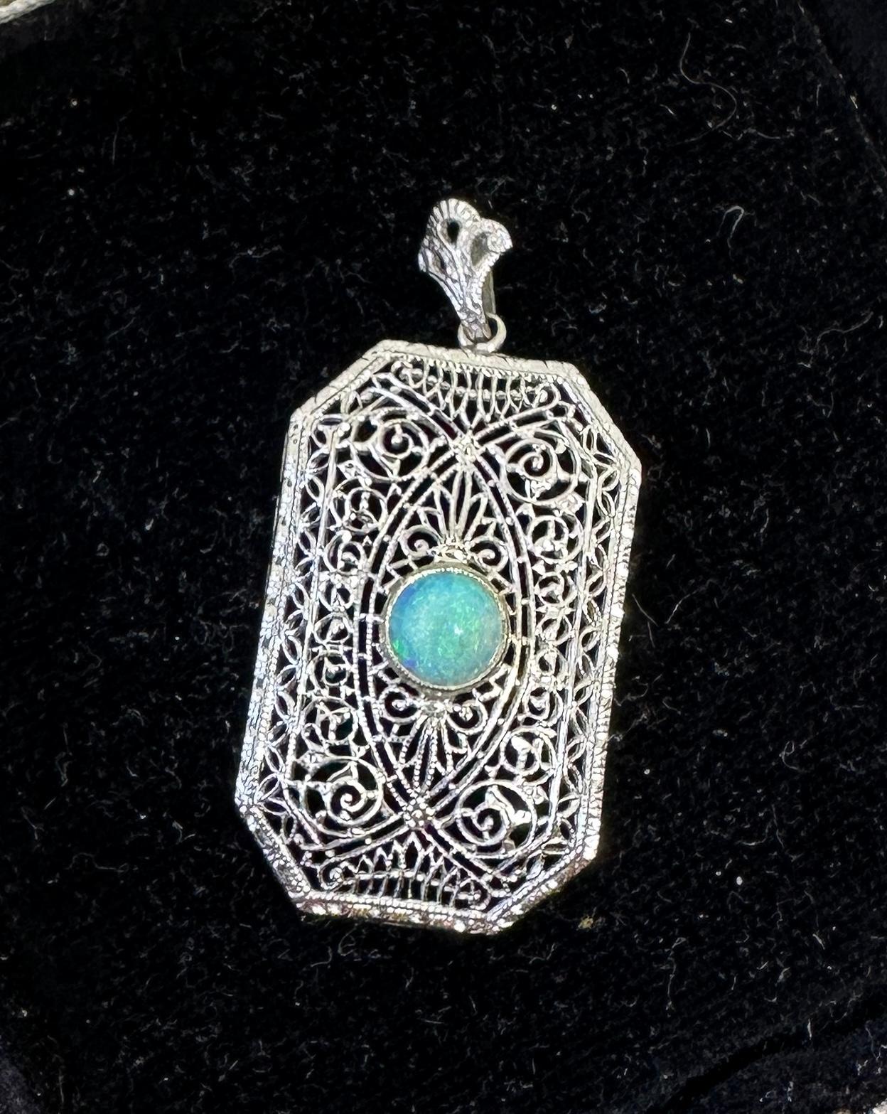 Cabochon Art Deco Opal Pendant Lavalier Necklace Filigree White Gold Rare For Sale