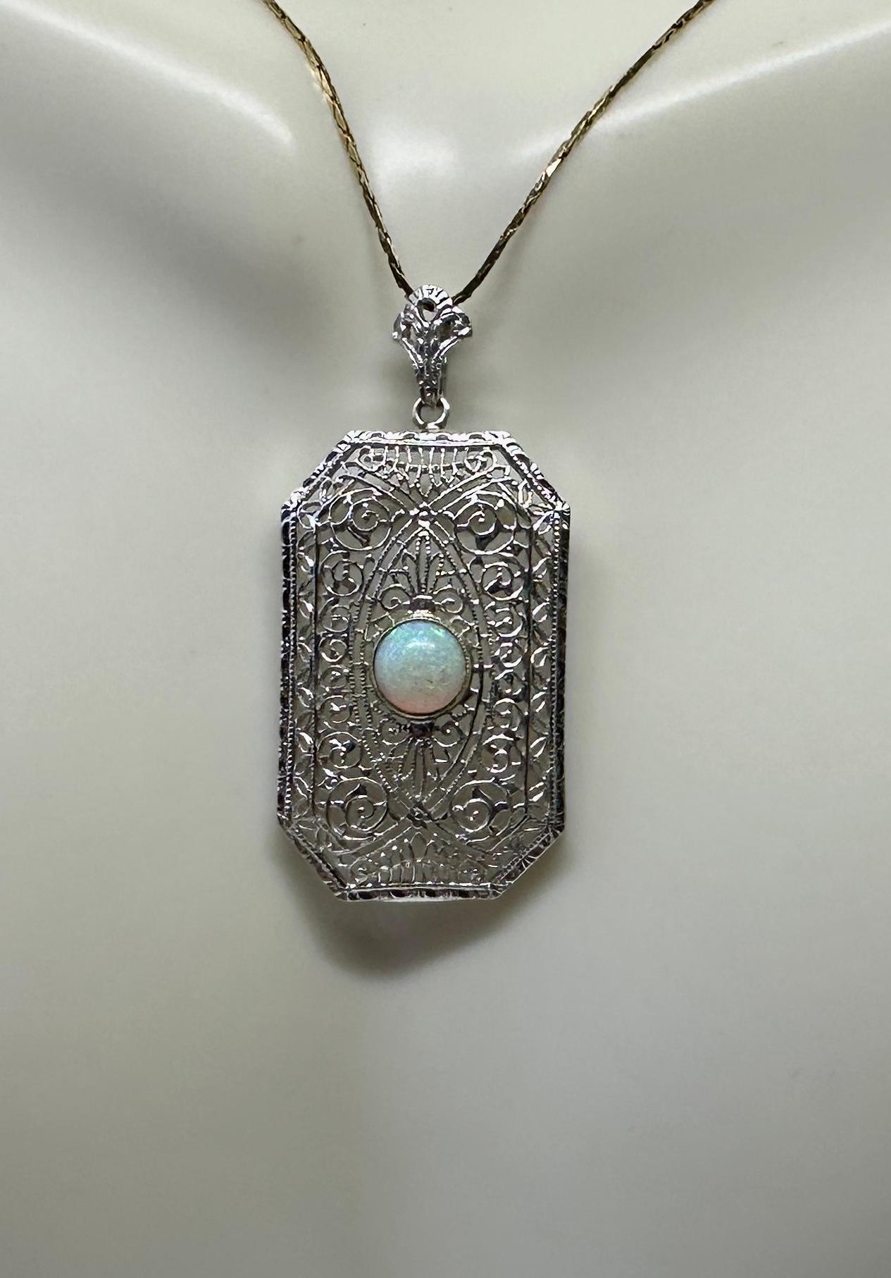 Art Deco Opal Pendant Lavalier Necklace Filigree White Gold Rare In Excellent Condition For Sale In New York, NY