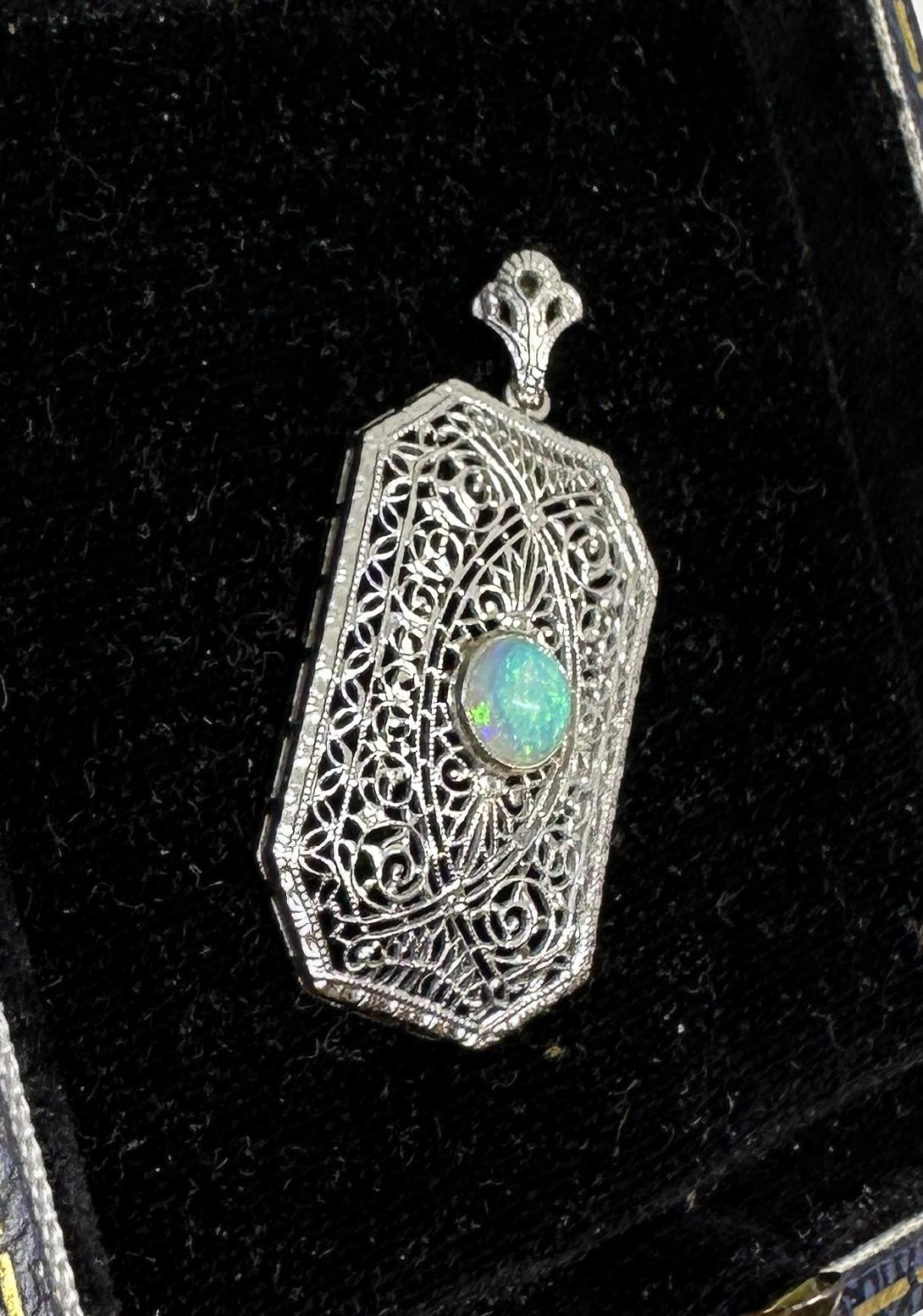 Art Deco Opal Pendant Lavalier Necklace Filigree White Gold Rare For Sale 1