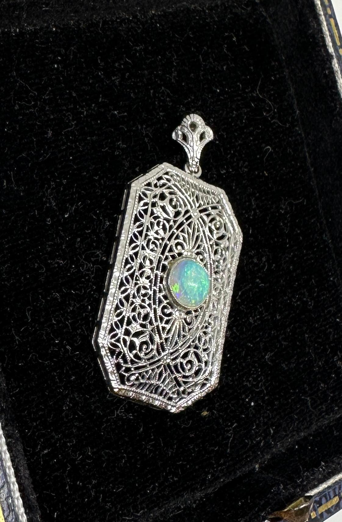 Art Deco Opal Pendant Lavalier Necklace Filigree White Gold Rare For Sale 2