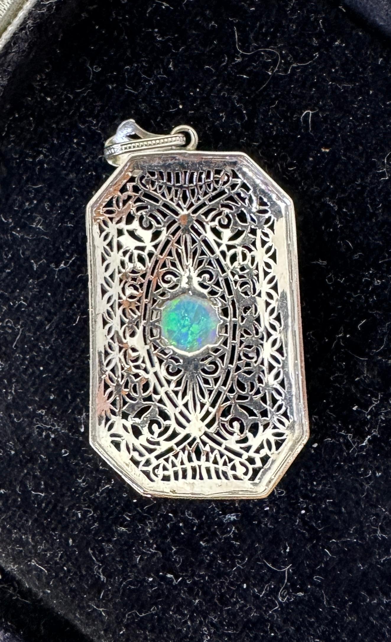 Art Deco Opal Pendant Lavalier Necklace Filigree White Gold Rare For Sale 3