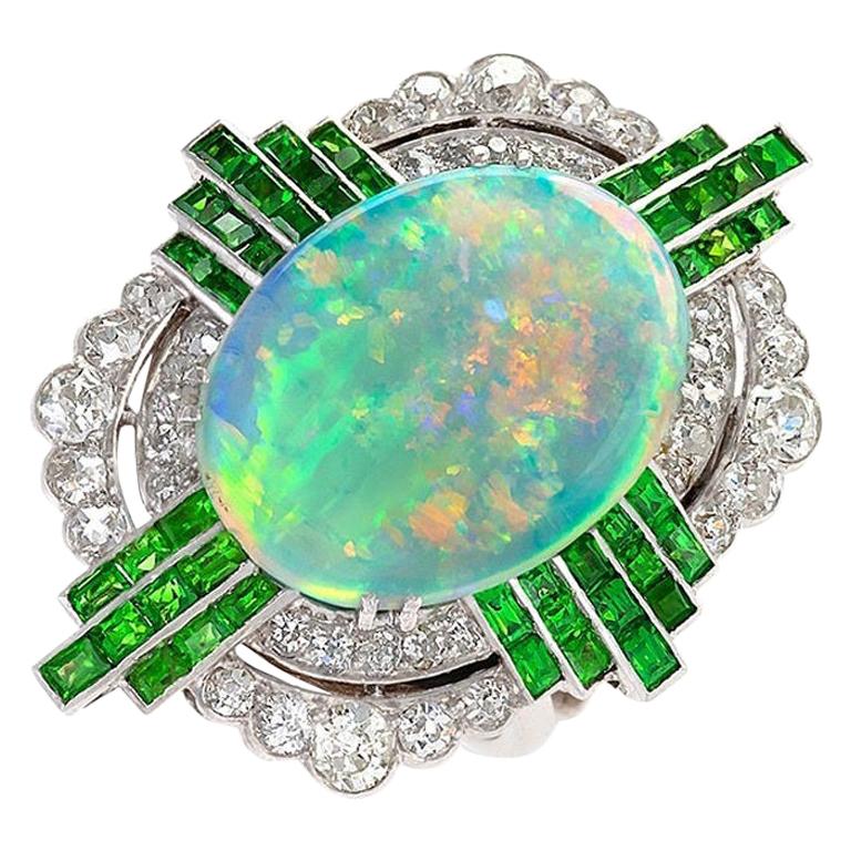 Art Deco Opal Ring with Diamonds and Demantoid Garnets