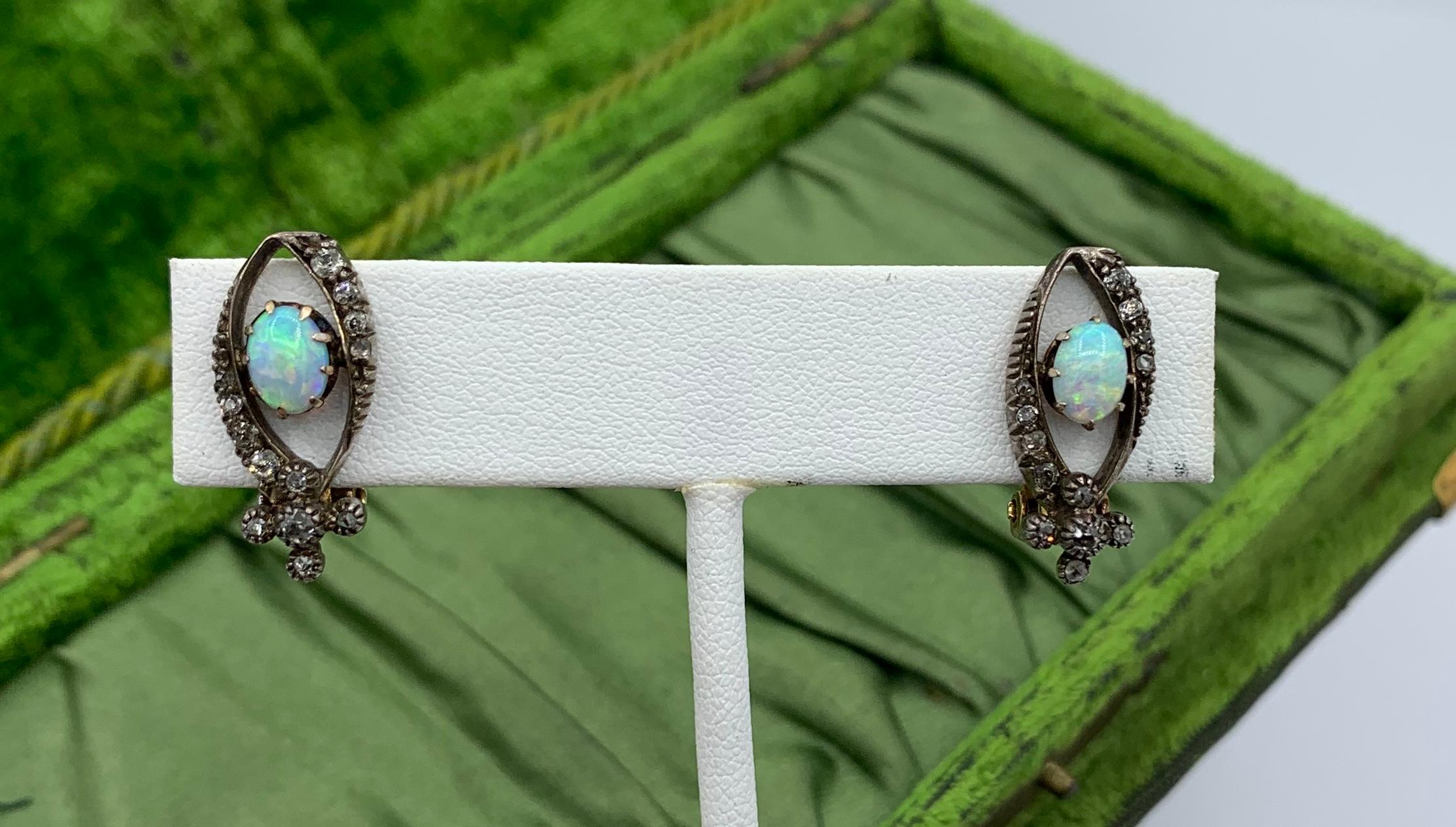 Cabochon Art Deco Opal Rose Cut Diamond Earrings 14 Karat Gold Antique For Sale
