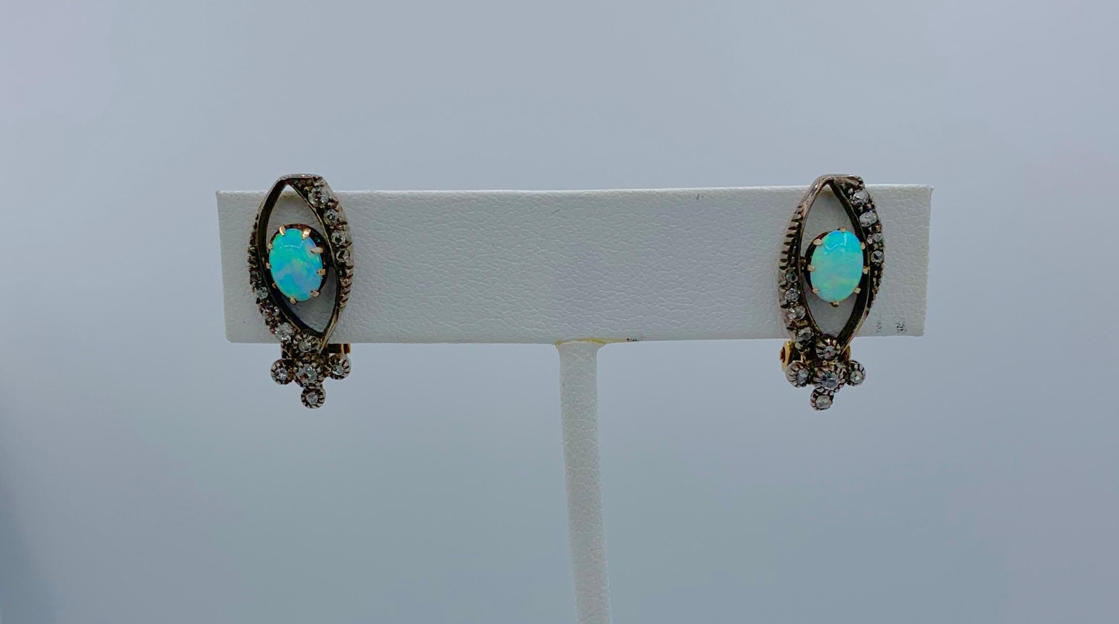 Art Deco Opal Rose Cut Diamond Earrings 14 Karat Gold Antique In Excellent Condition For Sale In New York, NY