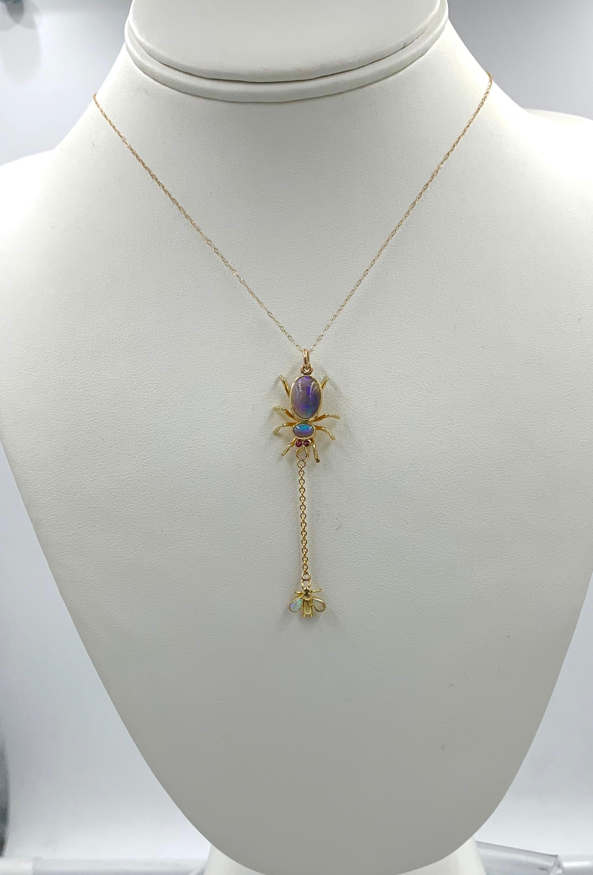 Art Deco Opal Ruby Spider and Fly Insect Pendant Gold Necklace 4