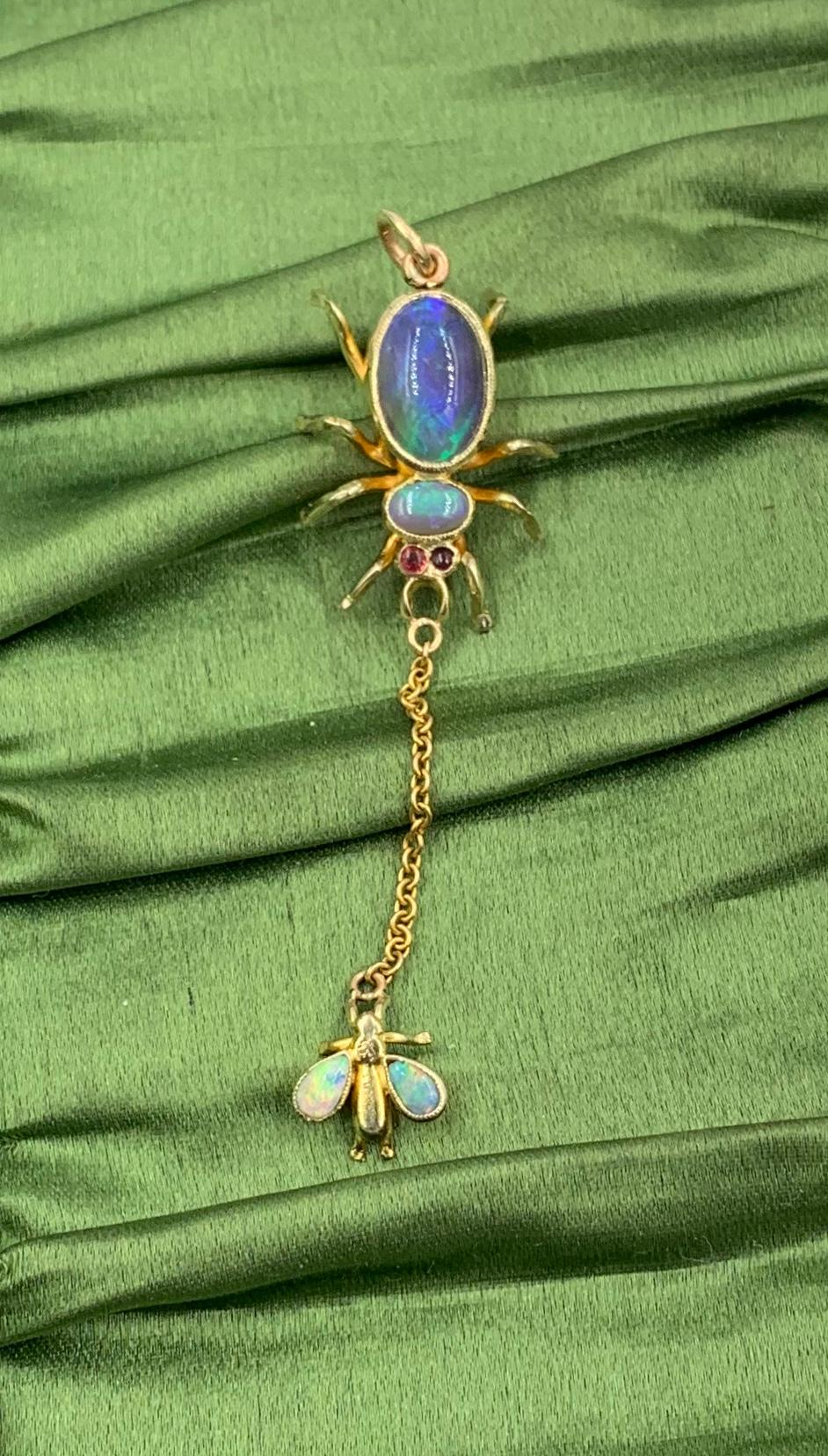 Art Deco Opal Ruby Spider and Fly Insect Pendant Gold Necklace 5