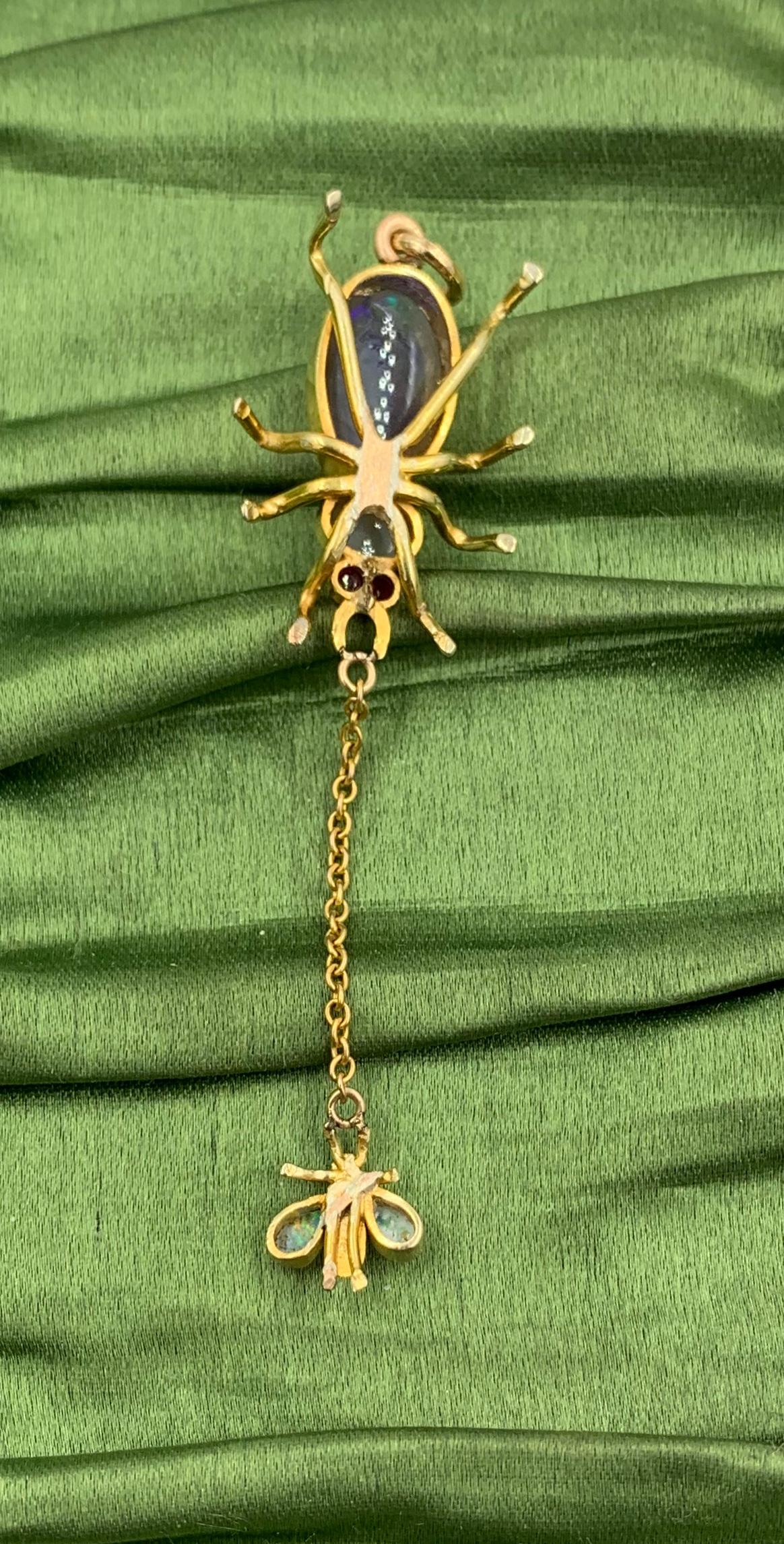 Art Deco Opal Ruby Spider and Fly Insect Pendant Gold Necklace 7